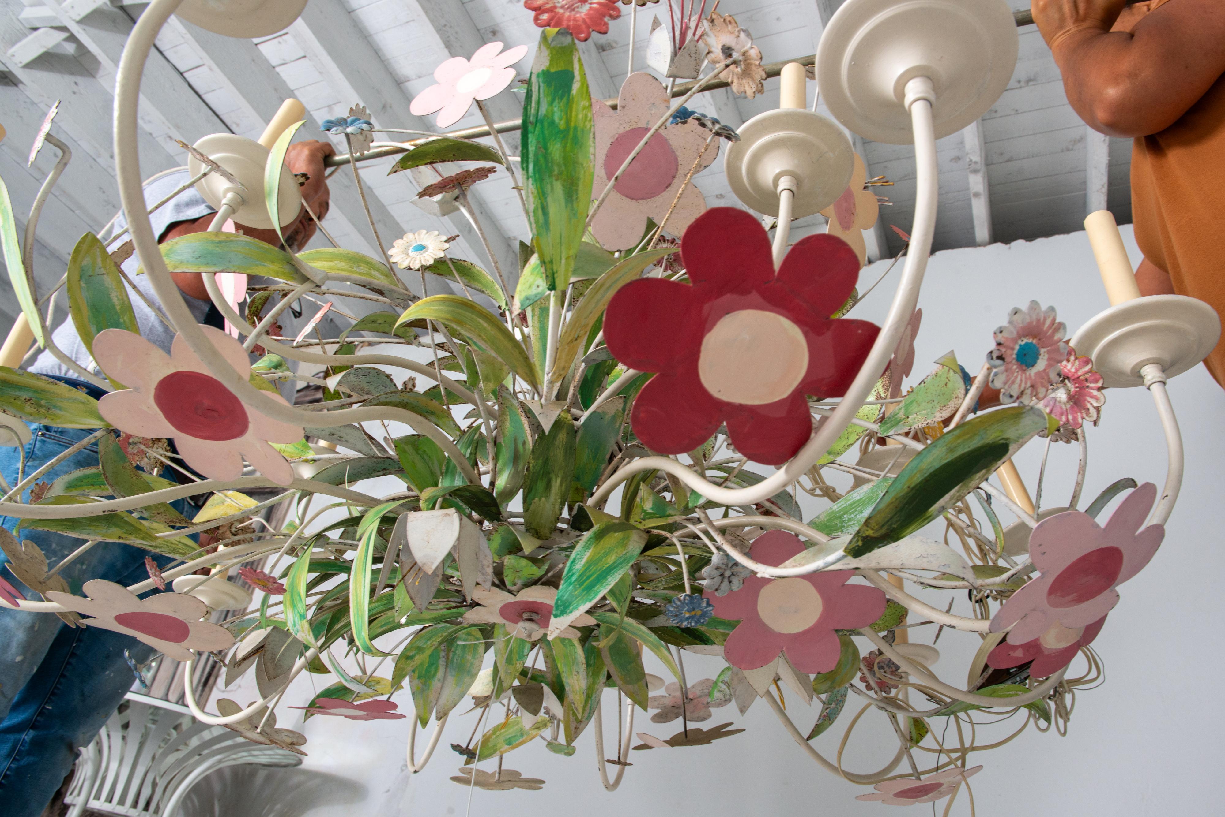 Italian Huge Custom Made Metal Floral Chandelier For Sale
