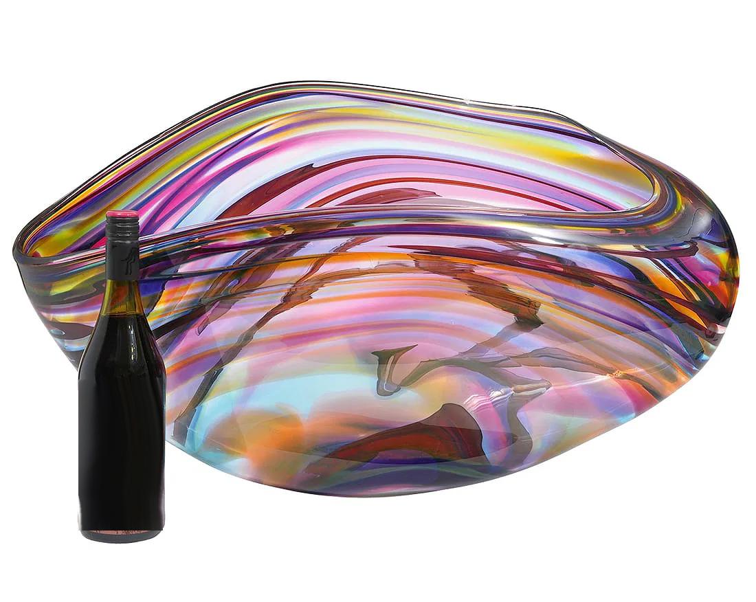 Huge David Goldhagen Hand-blown Art Glass Centerpiece Bowl, Signed Dated 3/2003

Offered for sale is a monumentally scaled hand-blown free-form crystal centerpiece by David Goldhagen, (American, Born 1957). This large blown glass sculptural dish