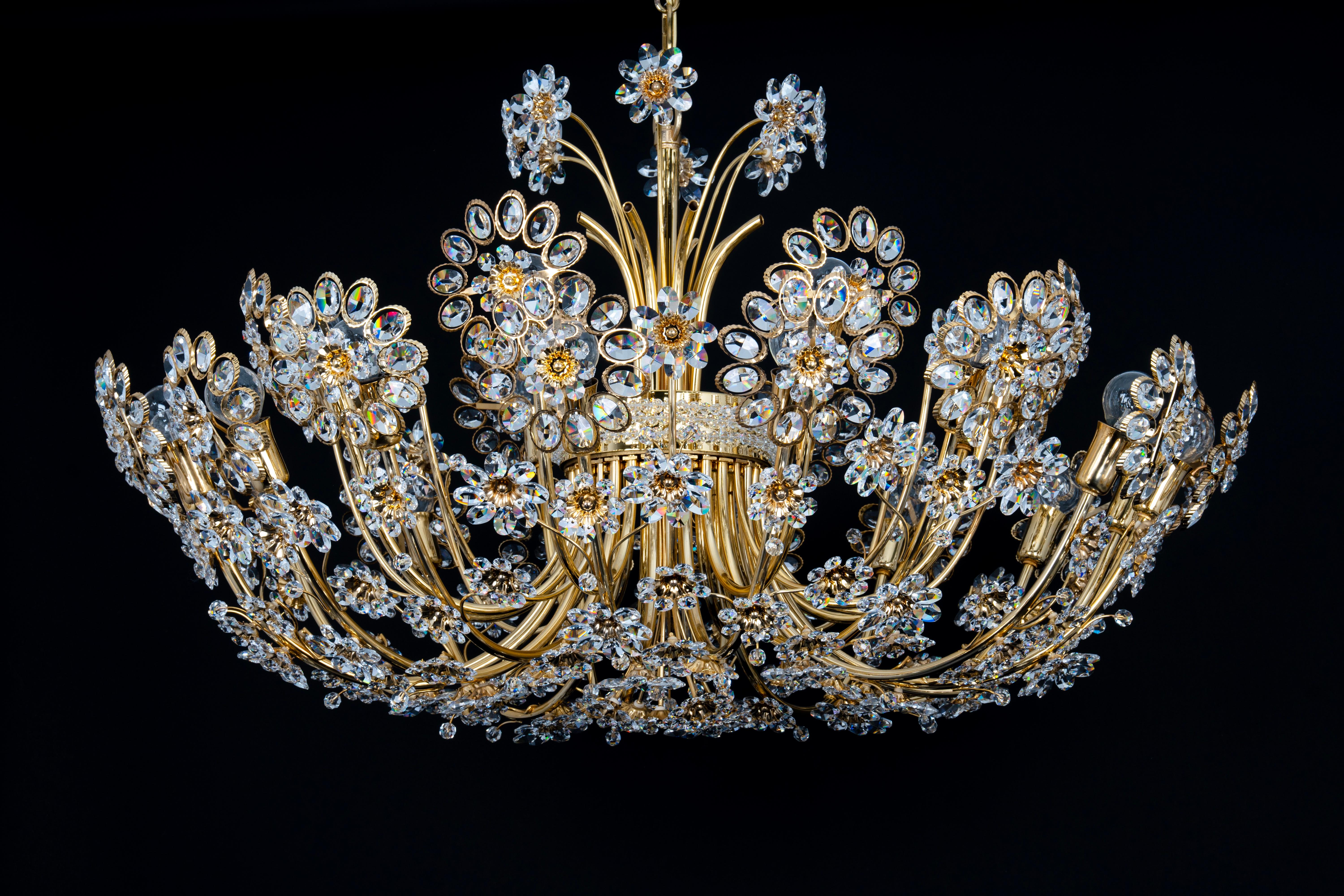 Huge Delicate Gilt Brass and Crystal Flower Chandelier by Palwa, Germany, 1970s For Sale 8