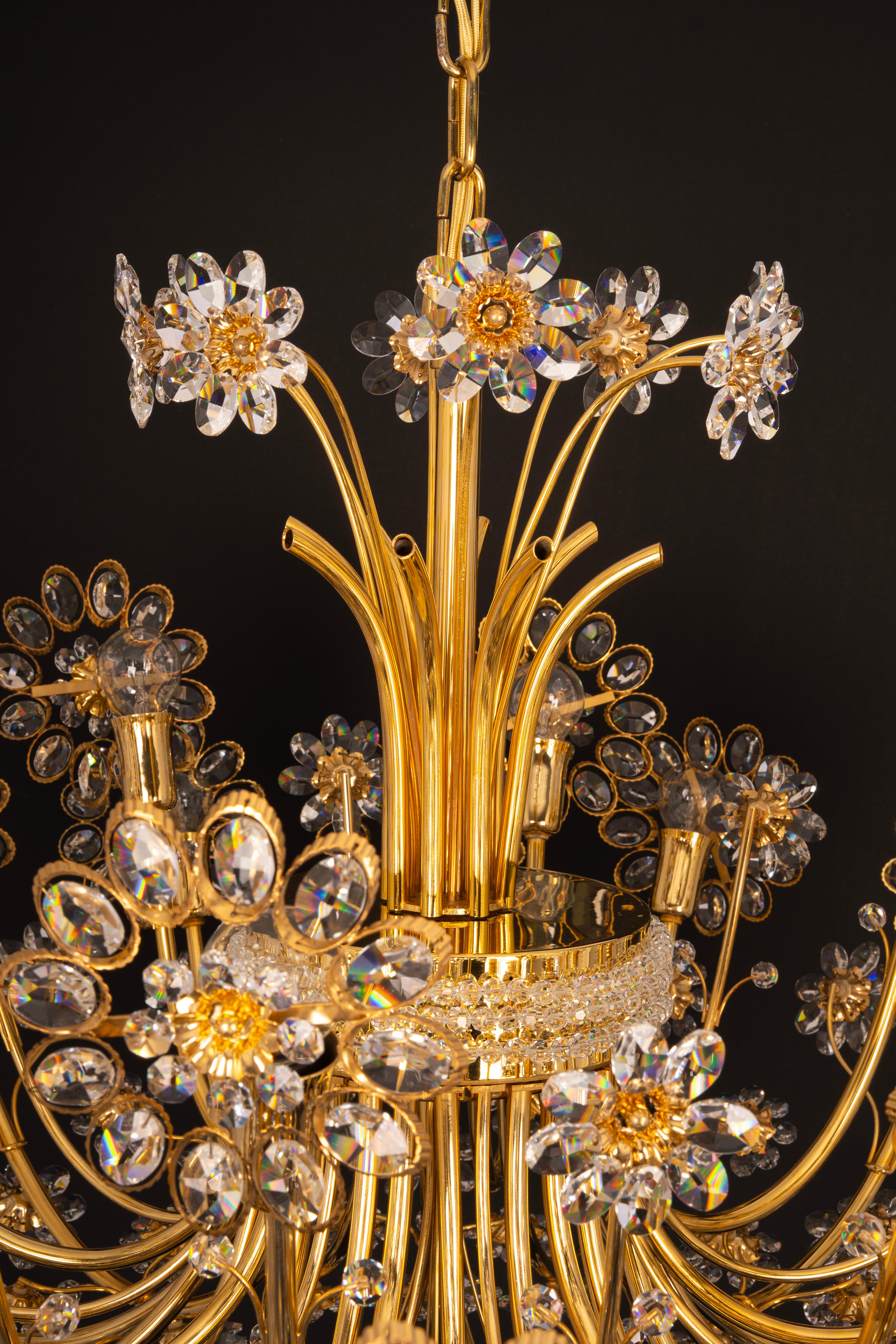 Huge Delicate Gilt Brass and Crystal Flower Chandelier by Palwa, Germany, 1970s For Sale 9