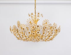 Huge Delicate Gilt Brass and Crystal Flower Chandelier by Palwa, Germany, 1970s
