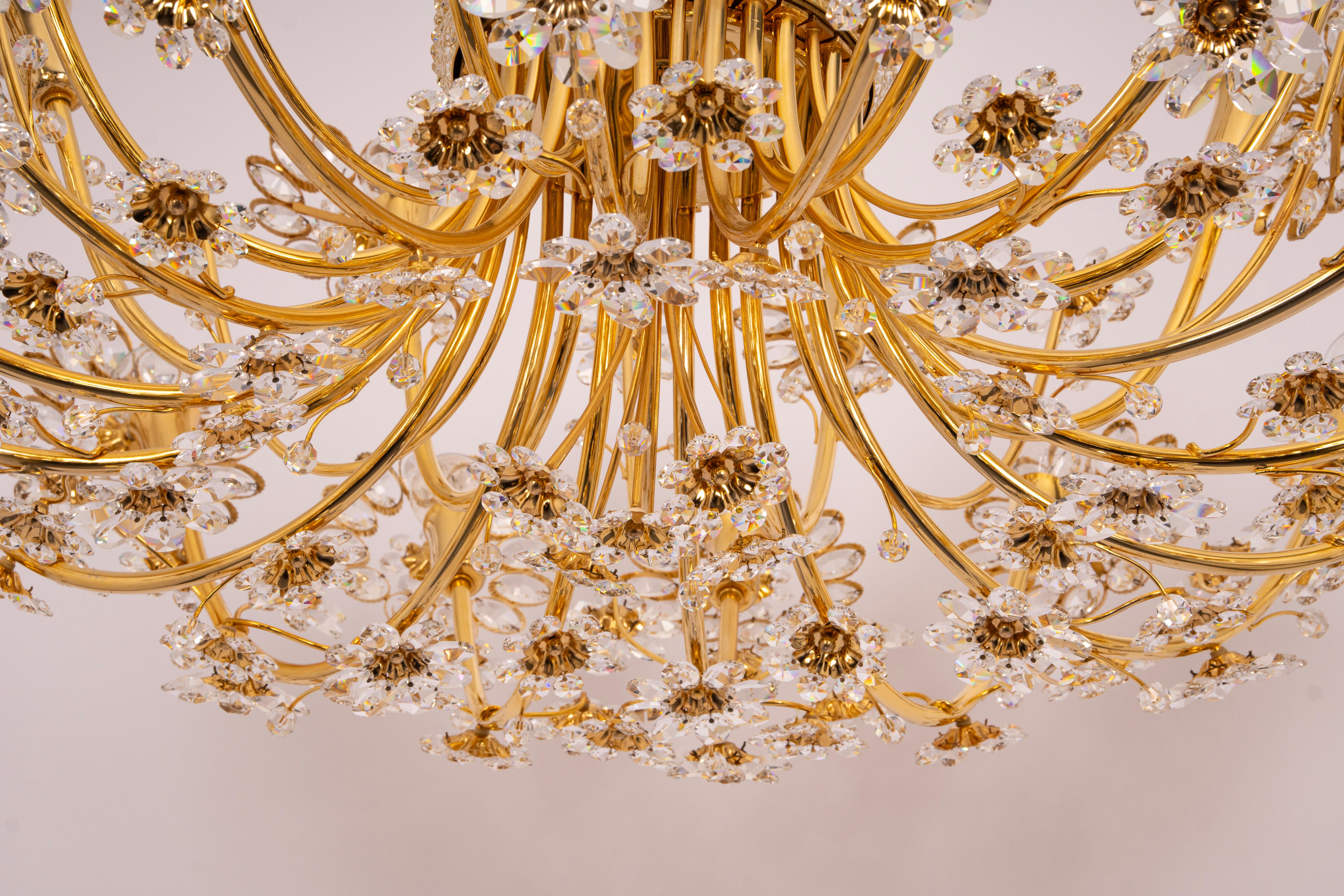 Late 20th Century Huge Delicate Gilt Brass and Crystal Flower Chandelier by Palwa, Germany, 1970s For Sale