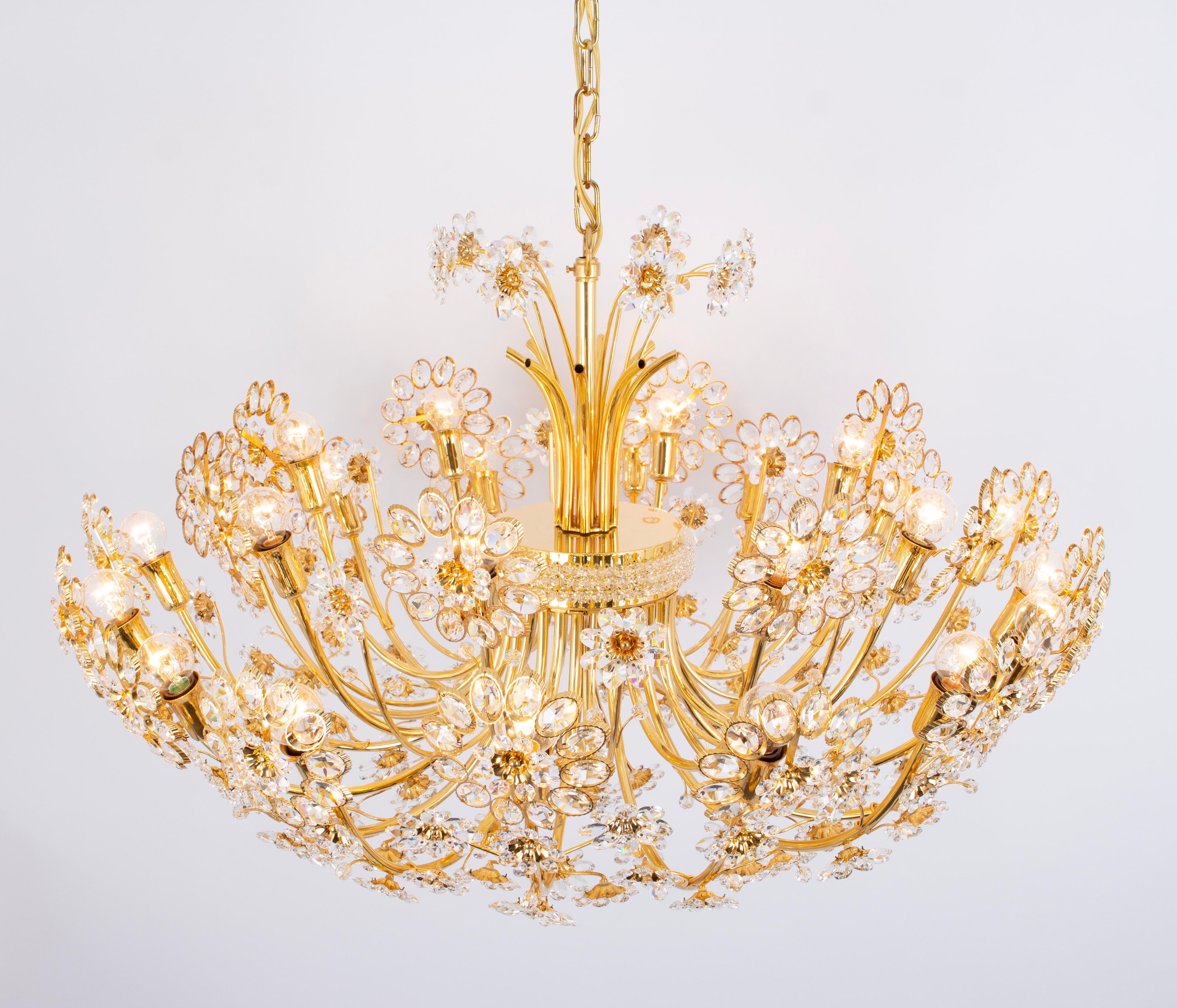 Huge Delicate Gilt Brass and Crystal Flower Chandelier by Palwa, Germany, 1970s For Sale 4
