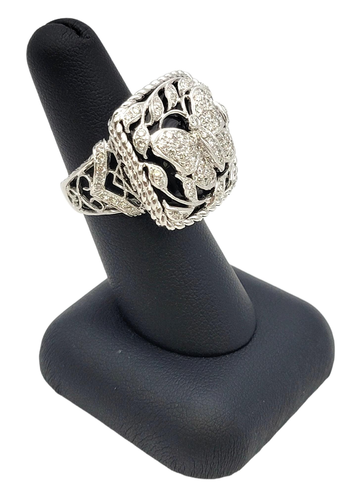 Huge Diamond and Black Onyx Butterfly Motif Square Statement Ring 18 Karat Gold For Sale 2