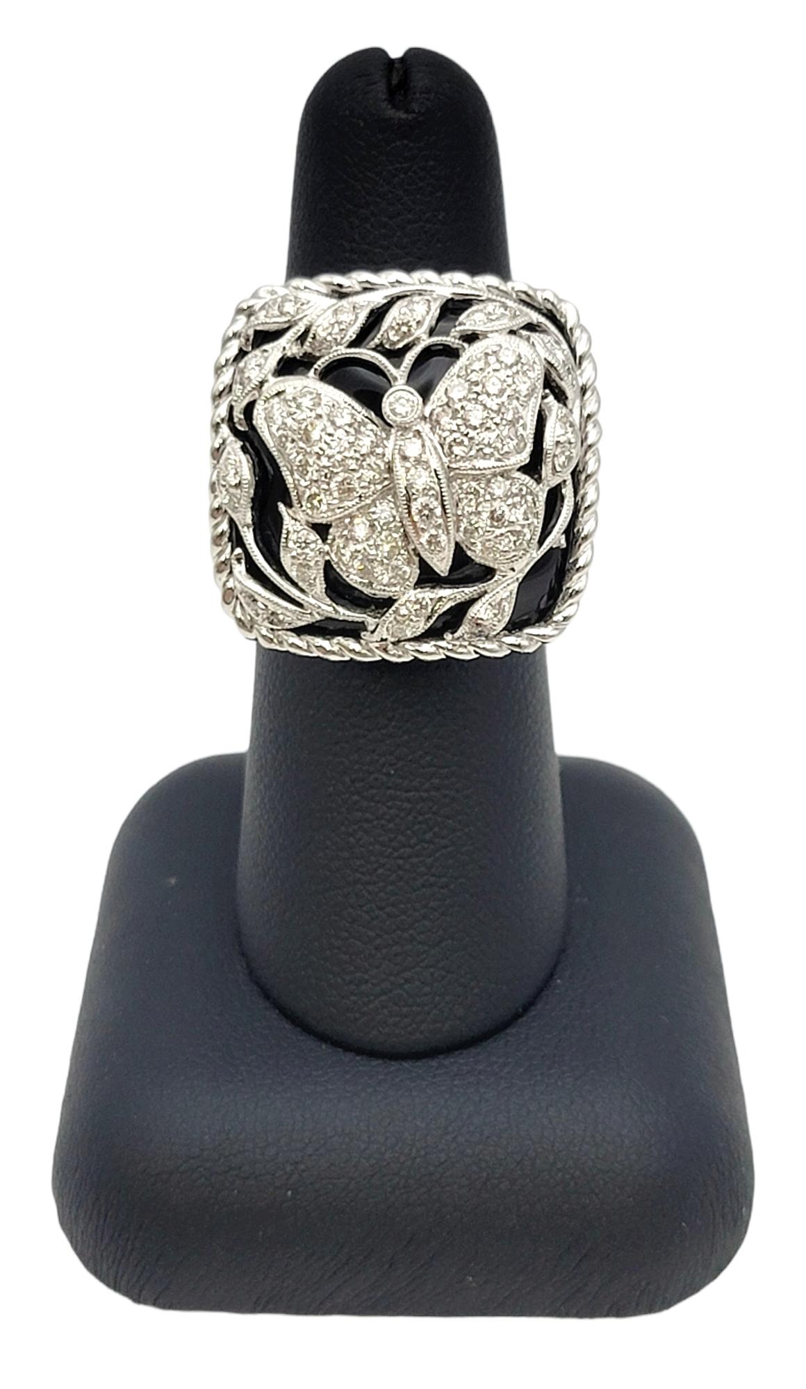 Huge Diamond and Black Onyx Butterfly Motif Square Statement Ring 18 Karat Gold For Sale 1