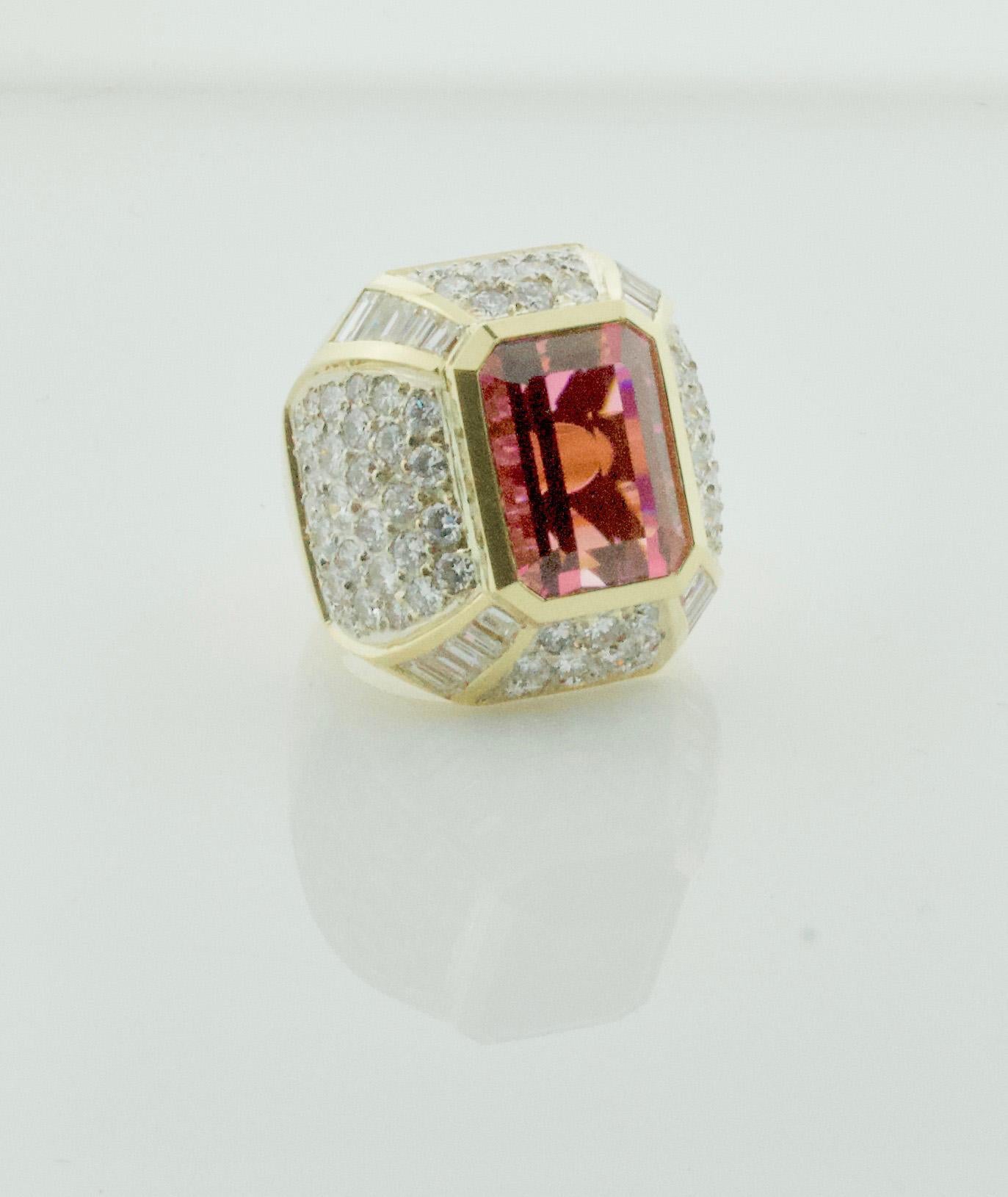 Huge Diamond and Pink Tourmaline Ring in 18k 1
