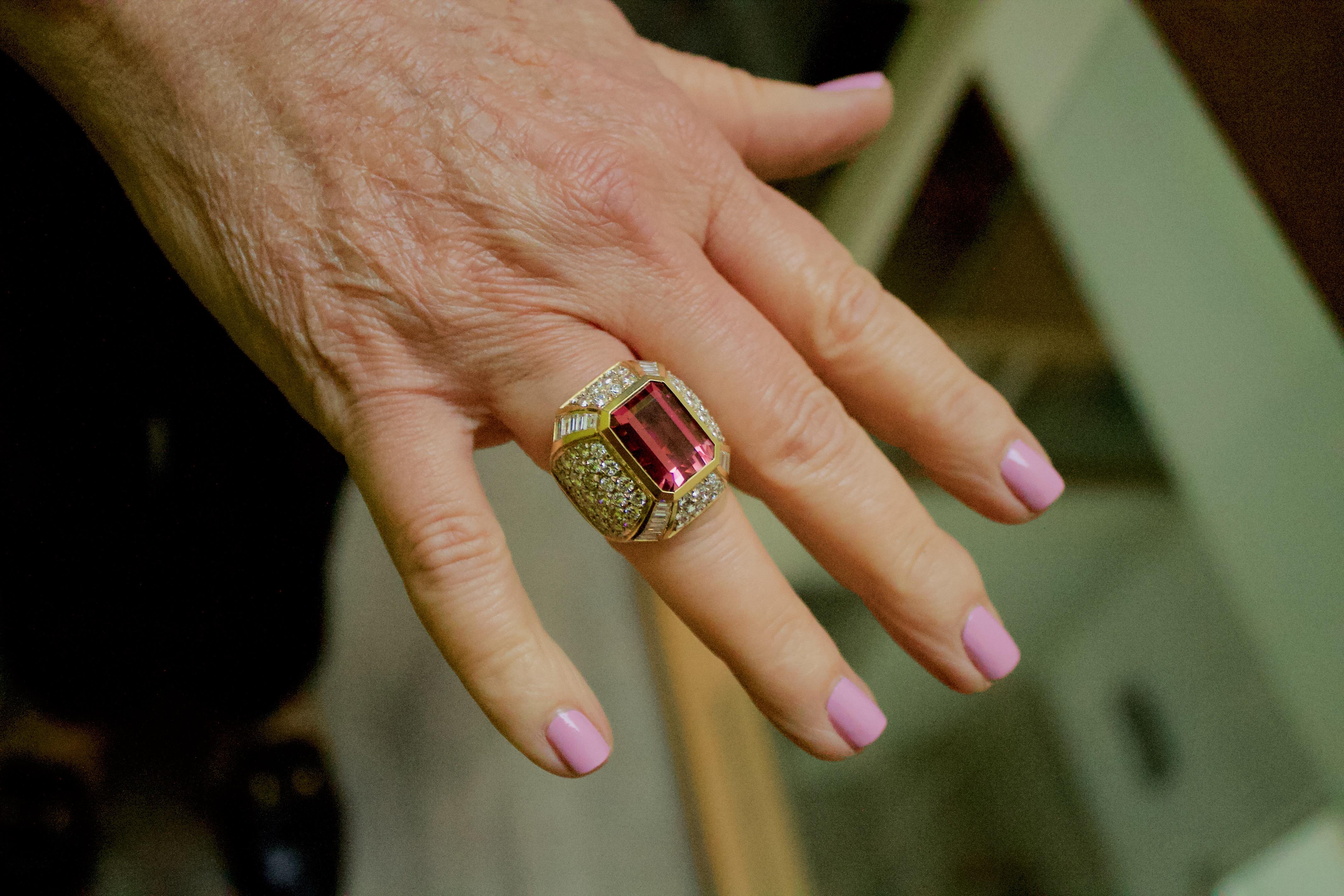 Huge Diamond and Pink Tourmaline Ring in 18k 2