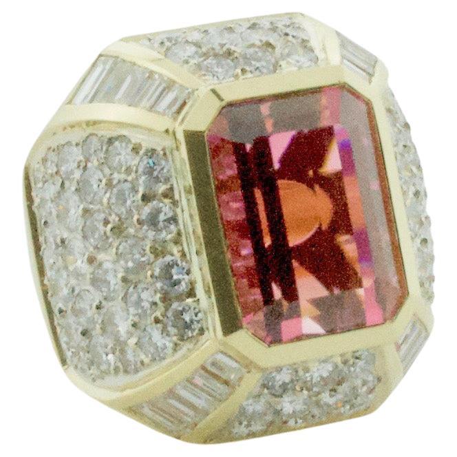 Huge Diamond and Pink Tourmaline Ring in 18k For Sale