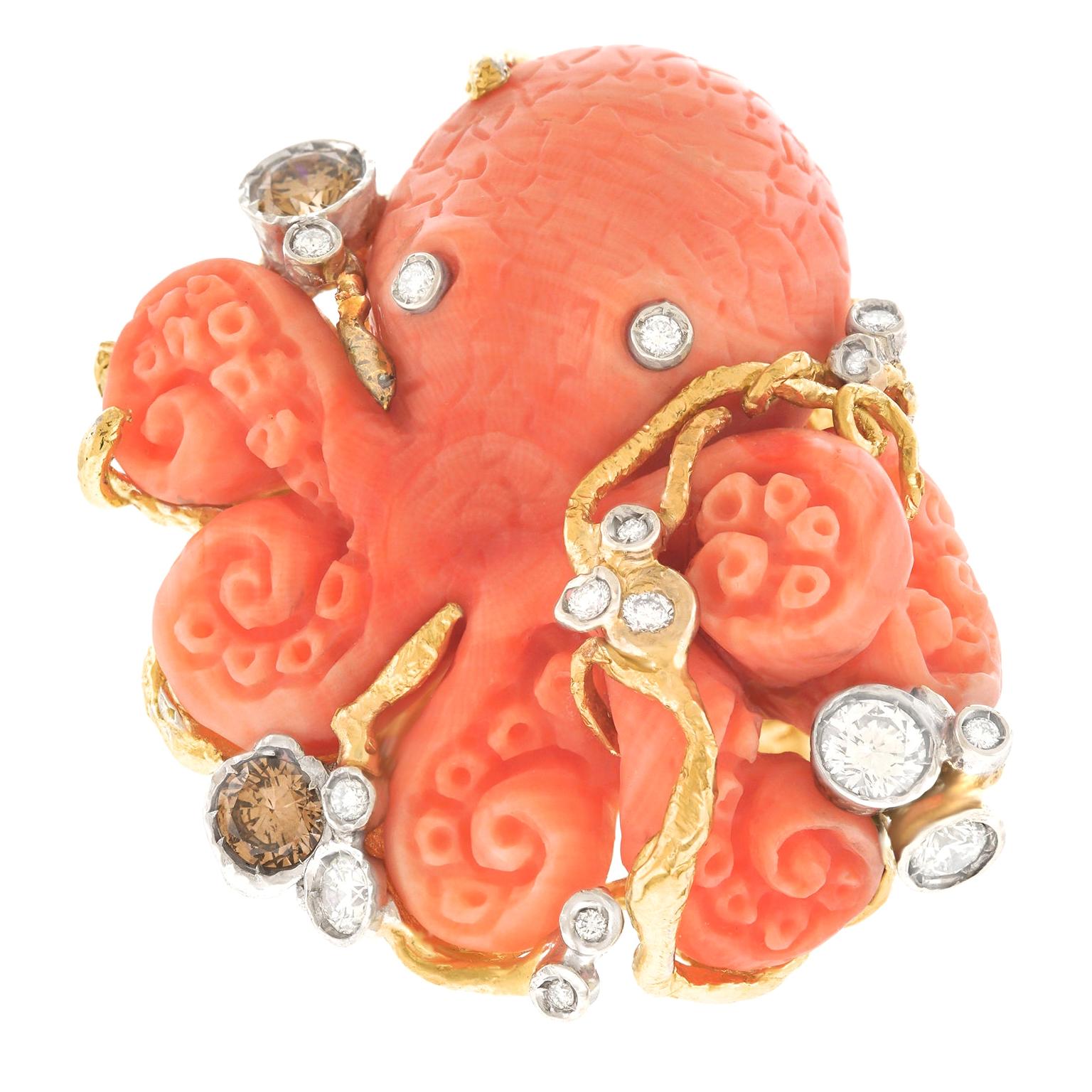 Huge Diamond Set Coral Gold Octopus Ring 18 Karat, Italy