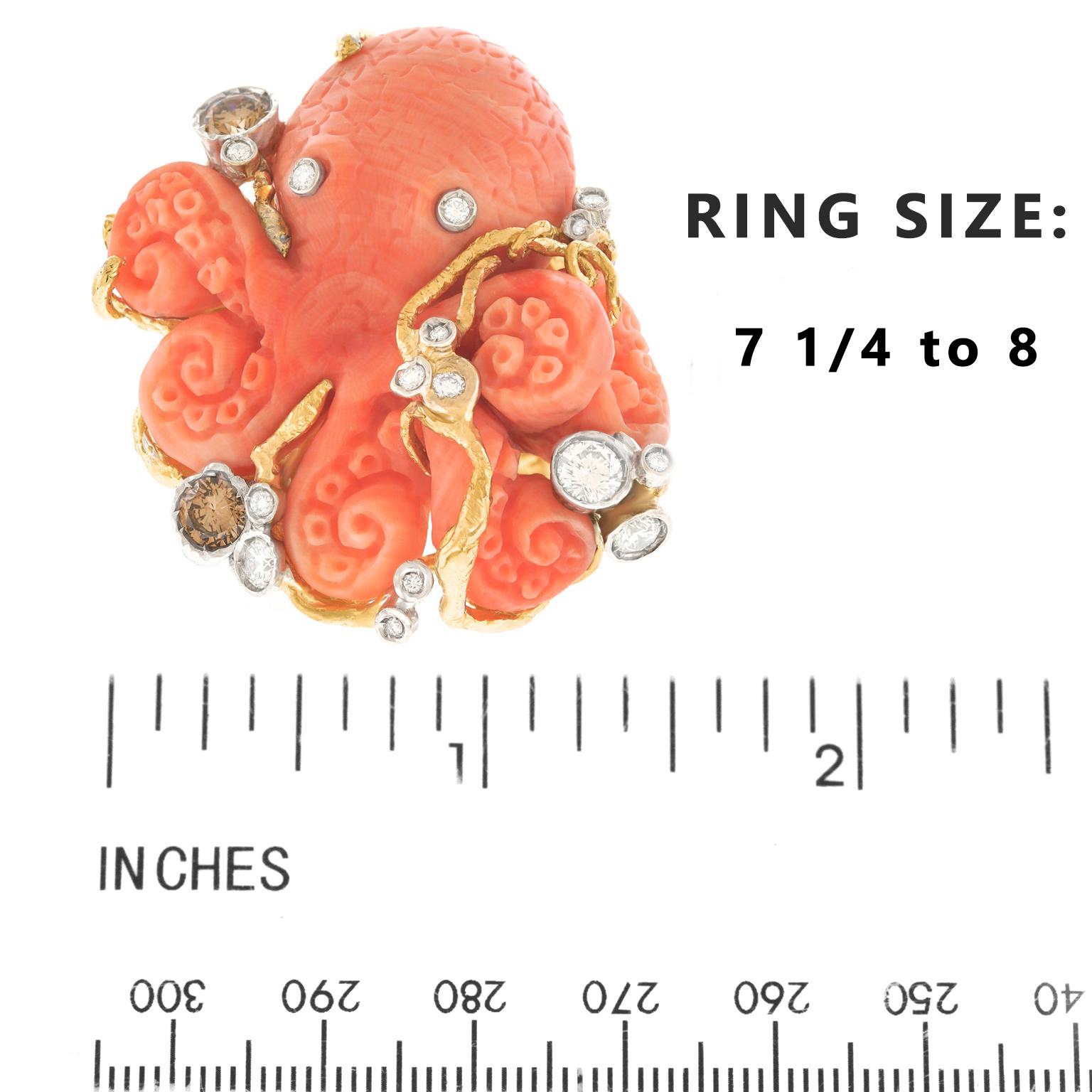 Women's or Men's Huge Diamond Set Coral Gold Octopus Ring 18 Karat, Italy