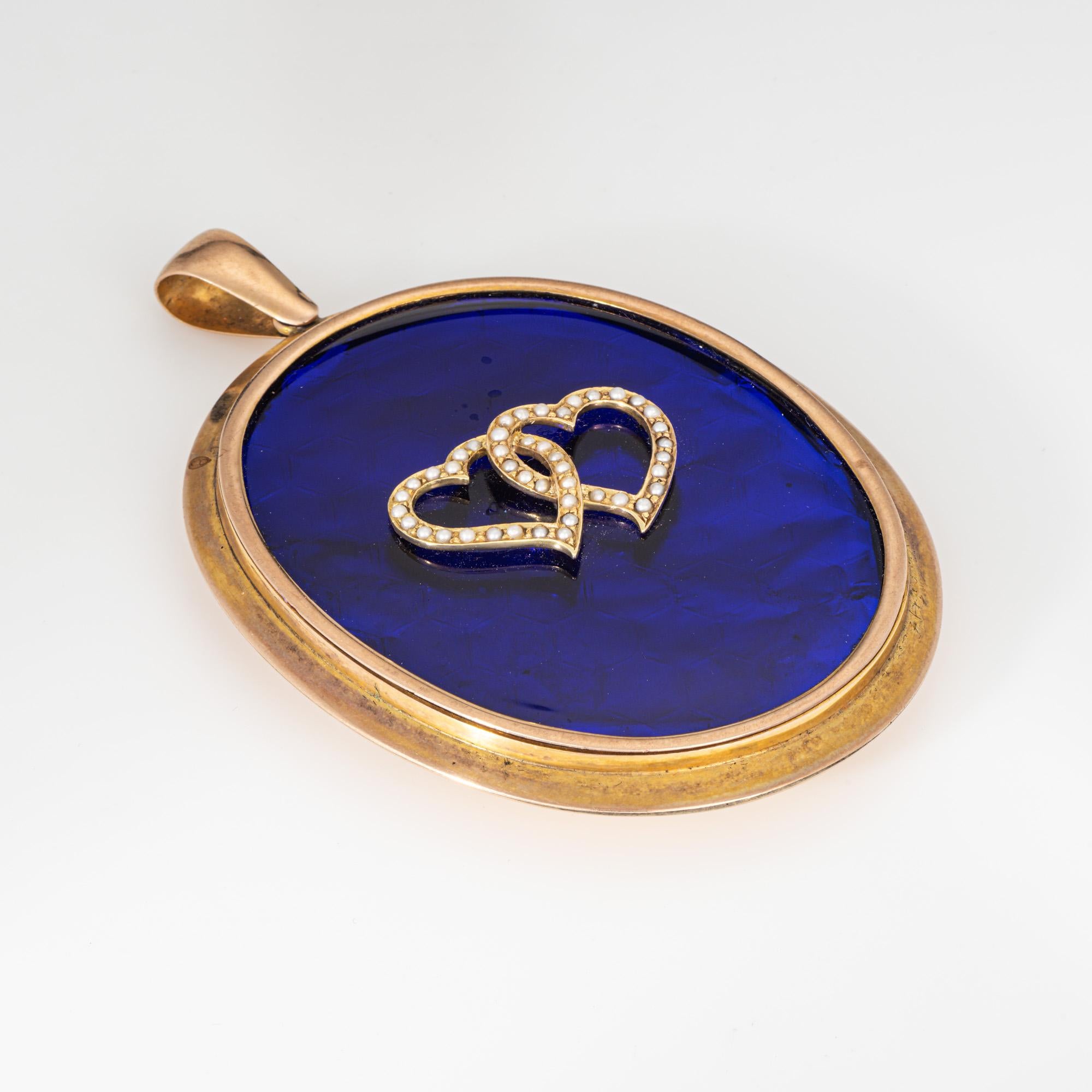 Round Cut Huge Double Heart Pendant Antique Victorian 10k Gold Seed Pearls Fine Jewelry For Sale