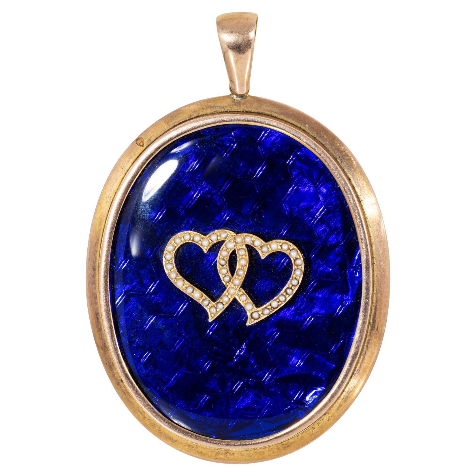 Huge Double Heart Pendant Antique Victorian 10k Gold Seed Pearls Fine Jewelry For Sale