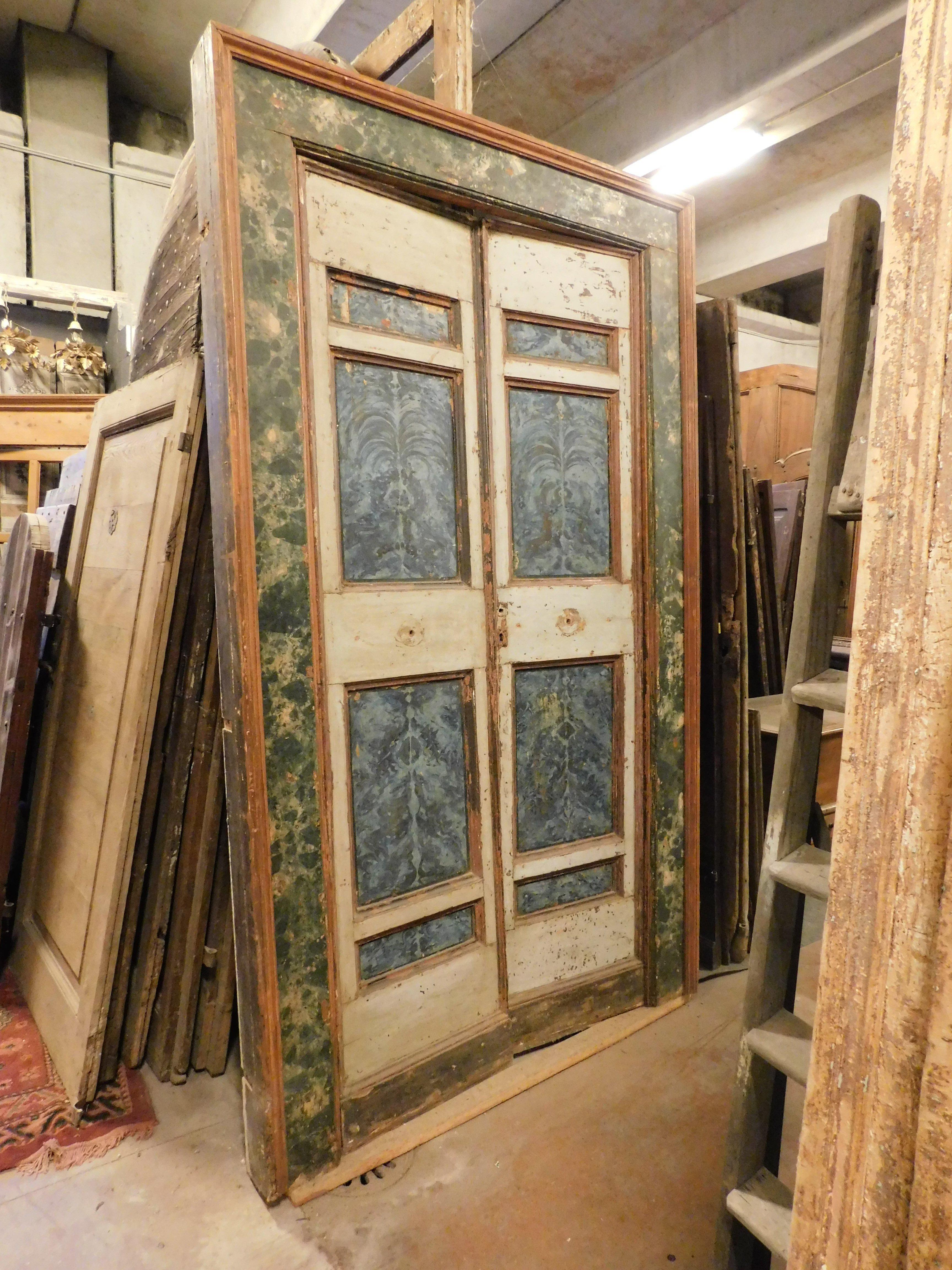 Italian Huge Double-leaf door in lacquered wood faux marble effect with frame, Italy For Sale
