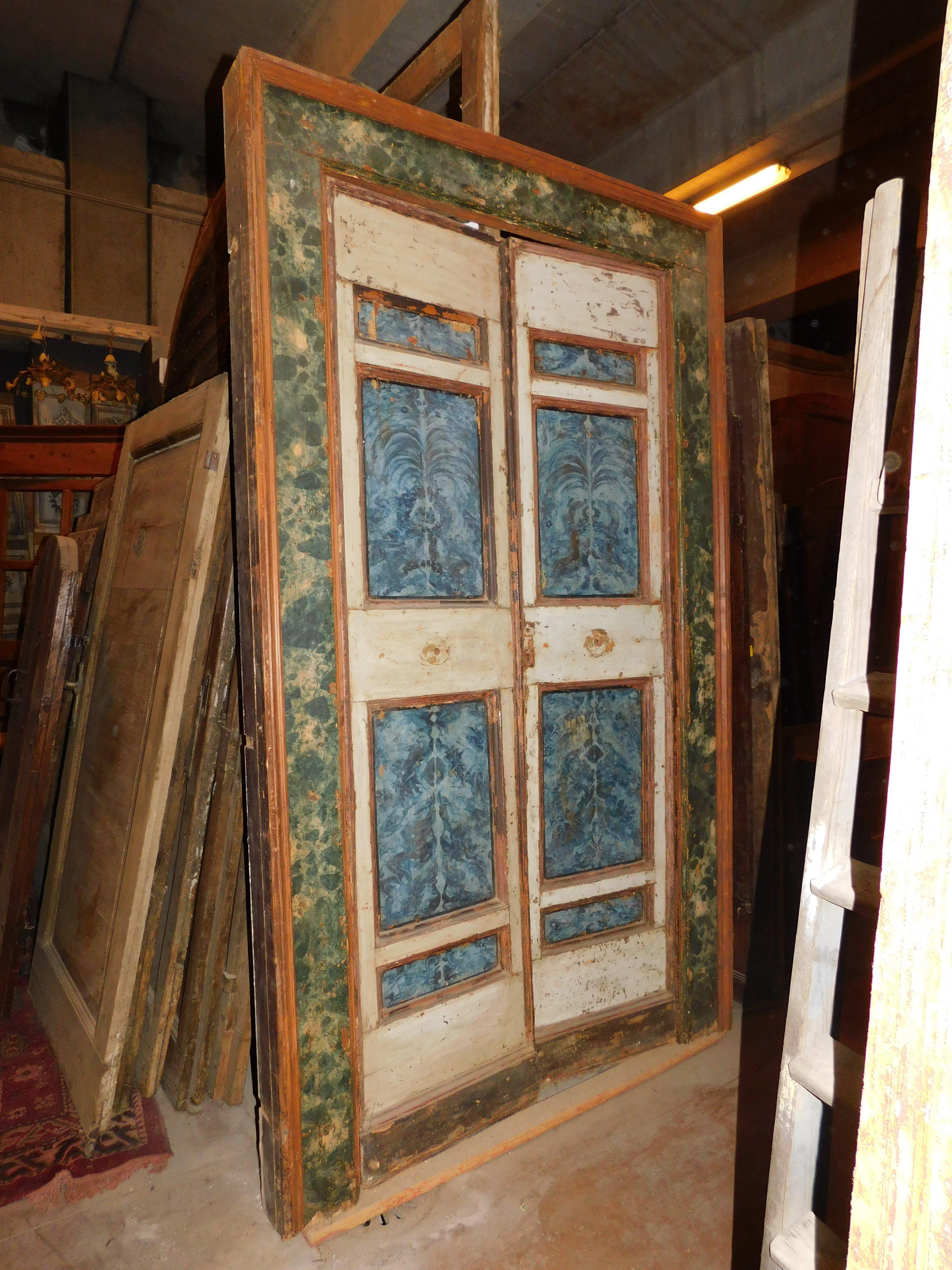 Hand-Painted Huge Double-leaf door in lacquered wood faux marble effect with frame, Italy For Sale