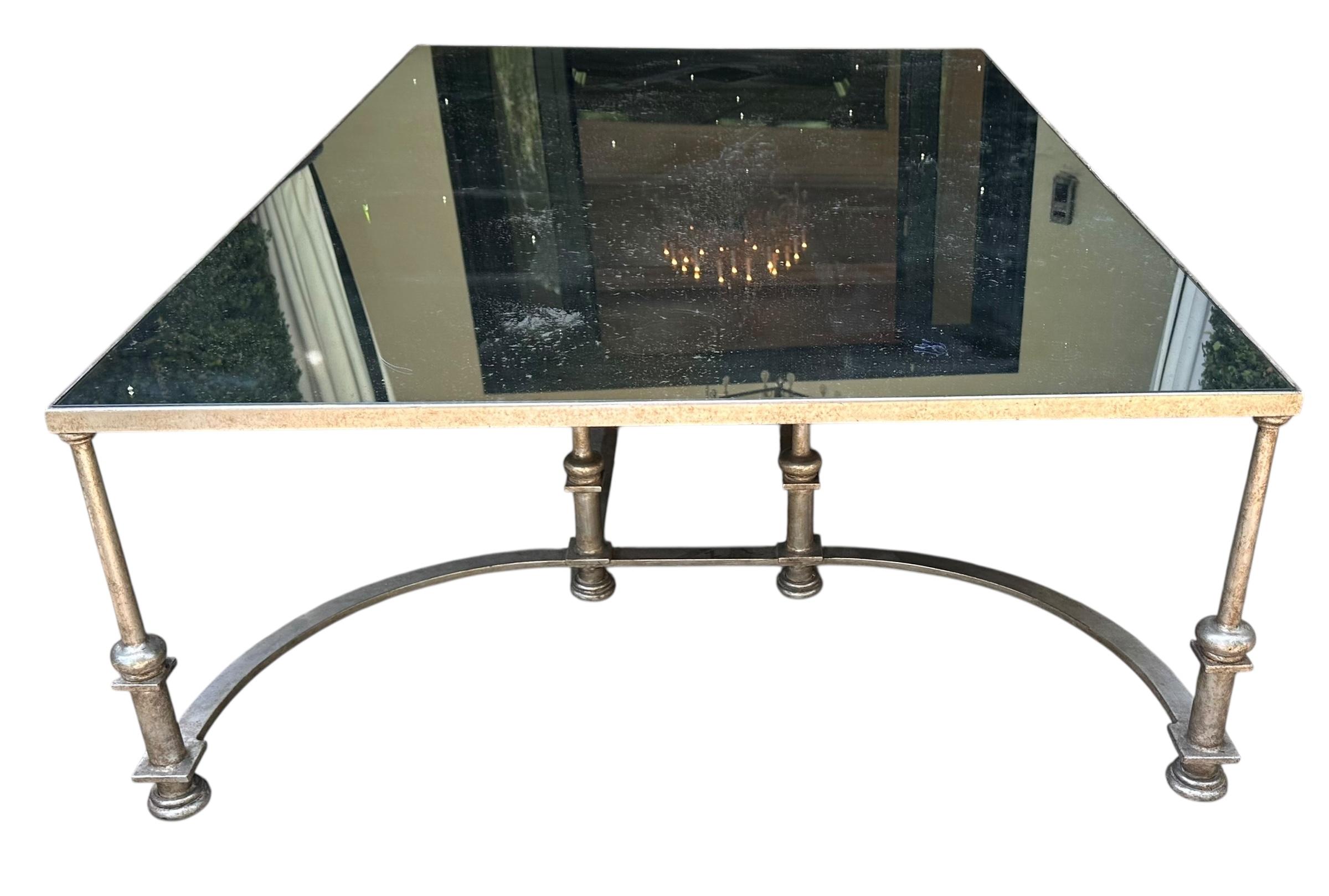 Huge Ebanista Guerlain White Gold Gilded Wrought Iron Cocktail Table With Antiqued Mirror Top.