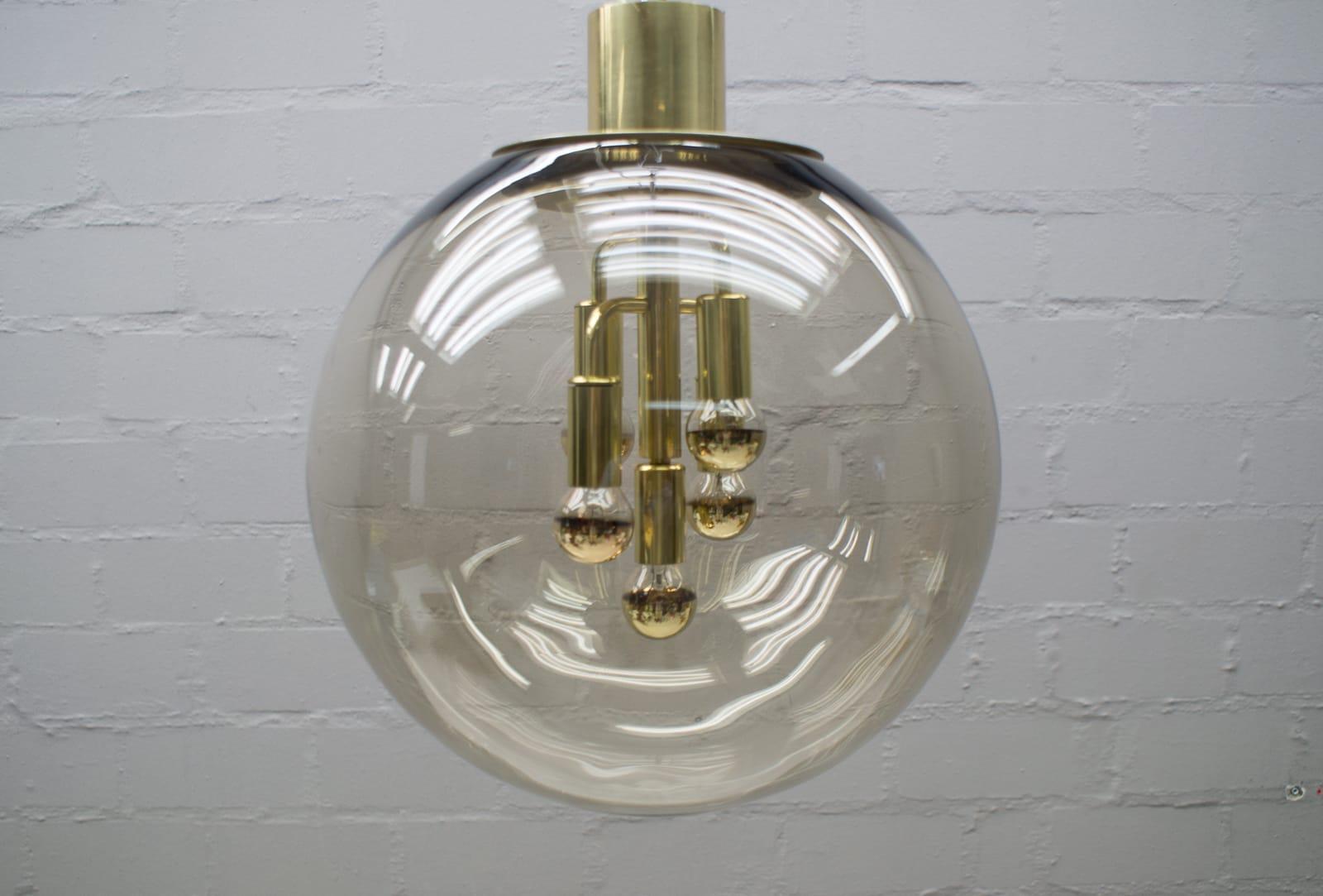 Mid-Century Modern Huge Elegant Brass and Smoked Glass Globe Ceiling Lamp, 1960s