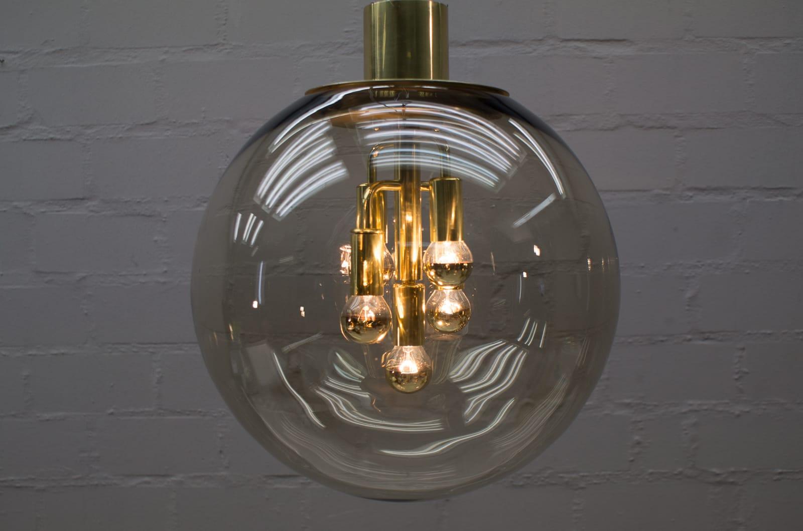 German Huge Elegant Brass and Smoked Glass Globe Ceiling Lamp, 1960s