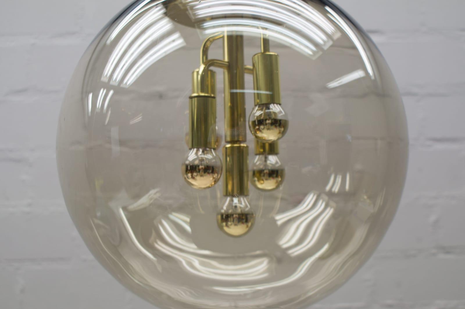 Huge Elegant Brass and Smoked Glass Globe Ceiling Lamp, 1960s In Good Condition In Nürnberg, Bayern