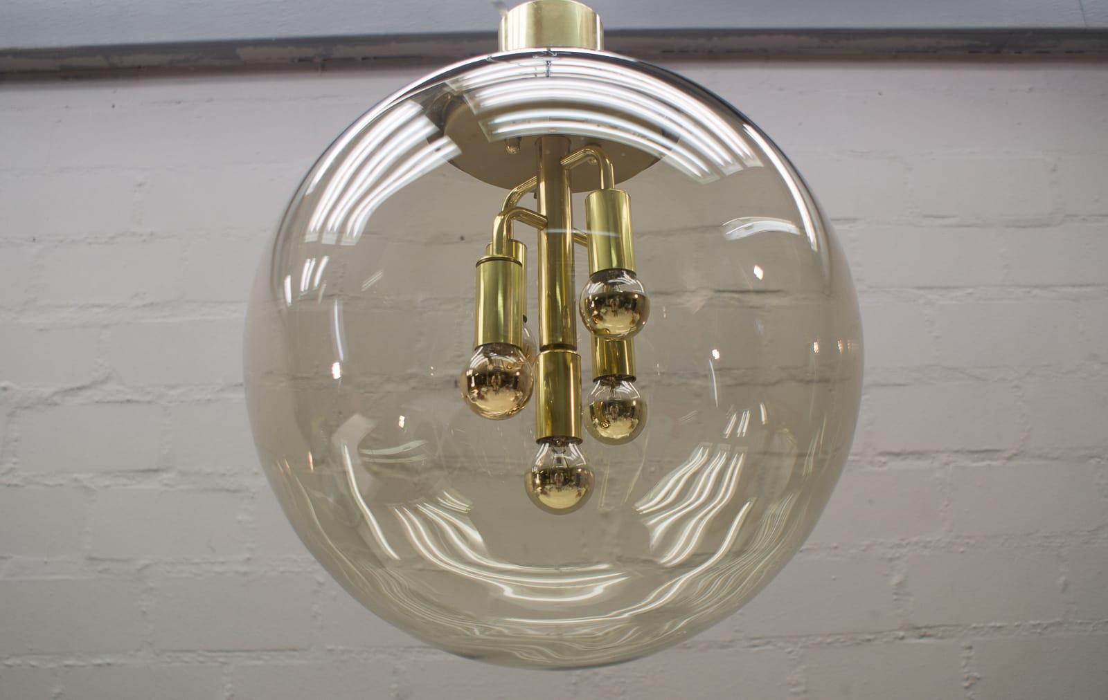 Huge Elegant Brass and Smoked Glass Globe Ceiling Lamp, 1960s 2