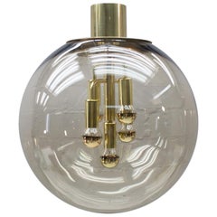 Huge Elegant Brass and Smoked Glass Globe Ceiling Lamp, 1960s