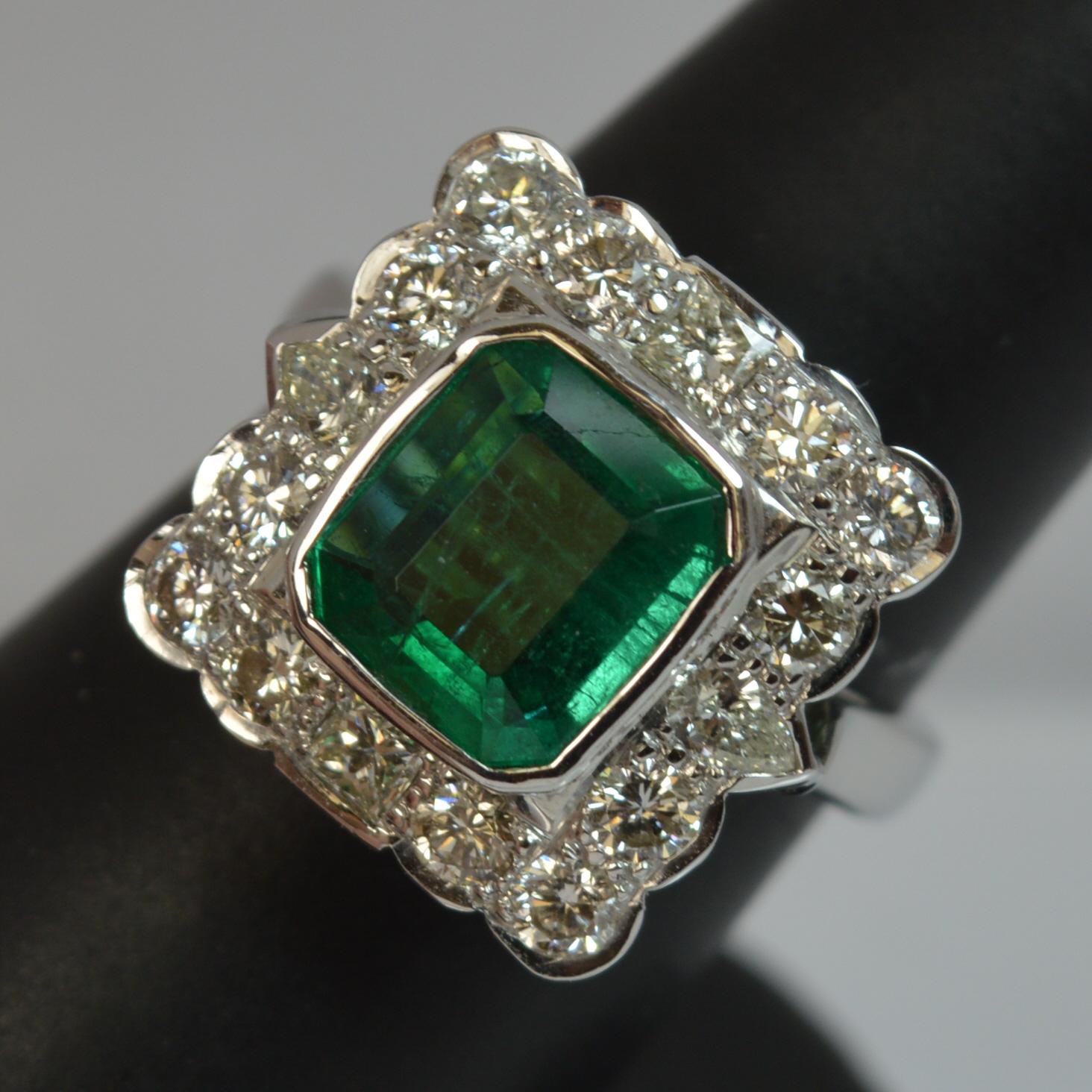 Huge Emerald and Diamond 14 Carat White Gold Cluster Cocktail Ring 5