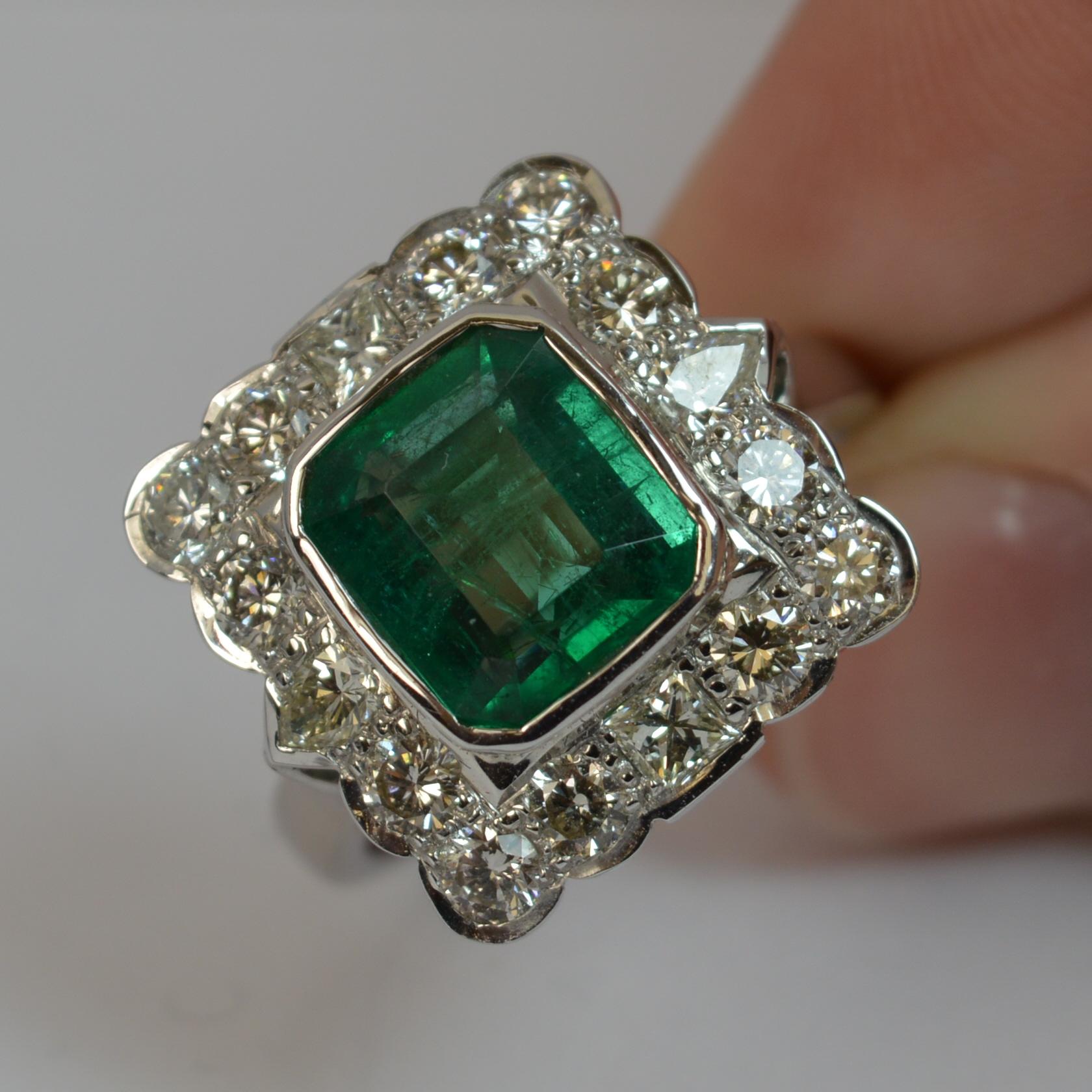 Huge Emerald and Diamond 14 Carat White Gold Cluster Cocktail Ring 13