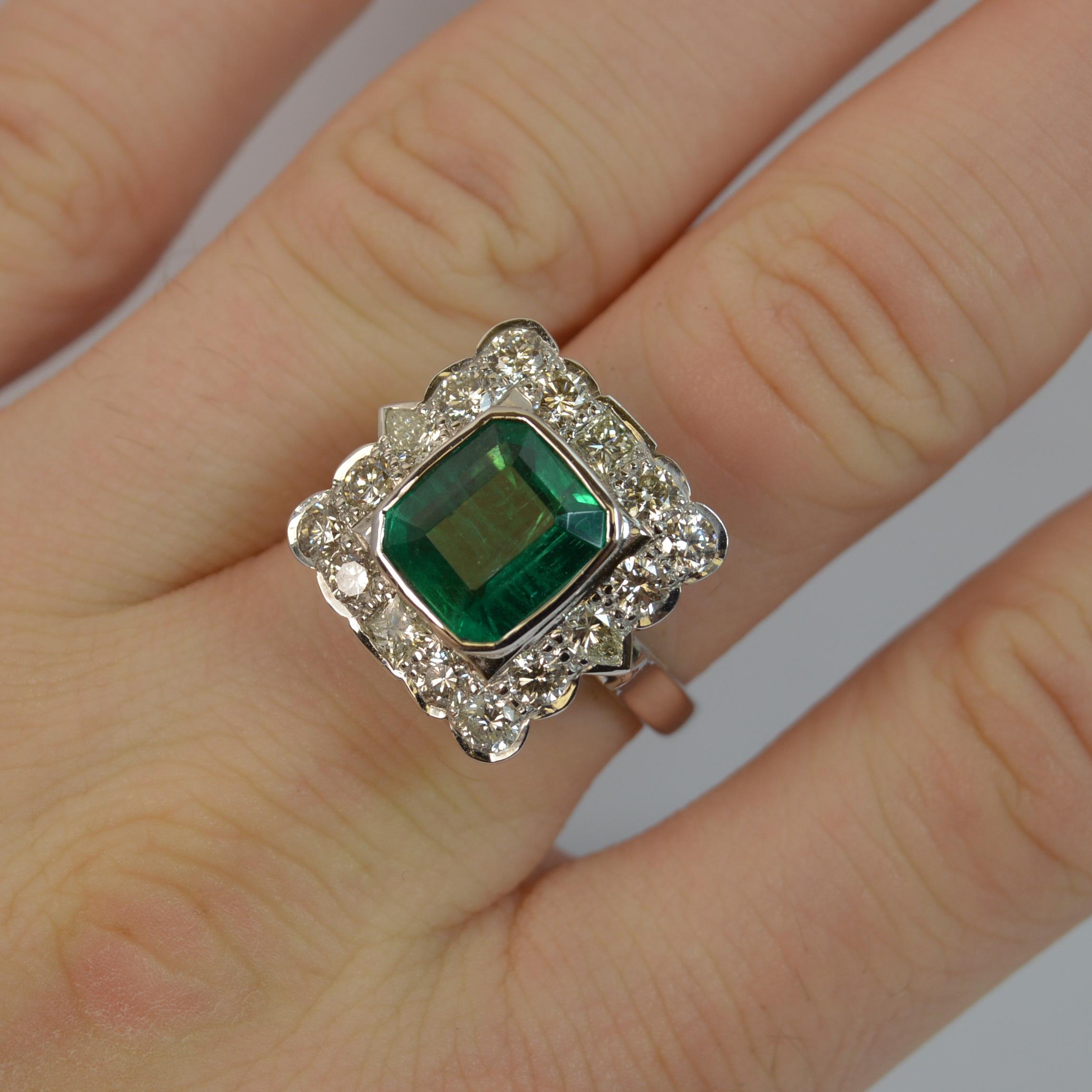 Art Deco Huge Emerald and Diamond 14 Carat White Gold Cluster Cocktail Ring