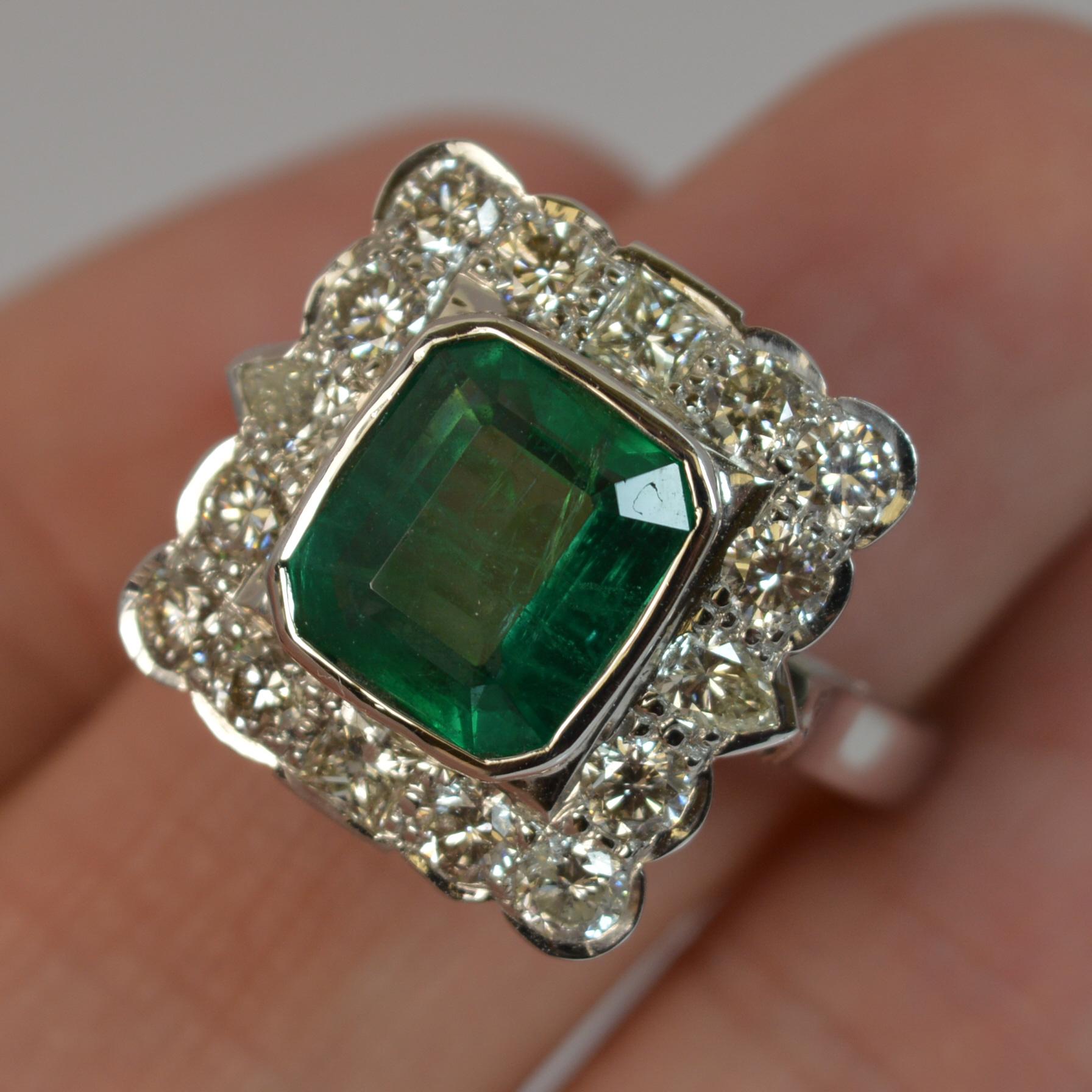 Emerald Cut Huge Emerald and Diamond 14 Carat White Gold Cluster Cocktail Ring