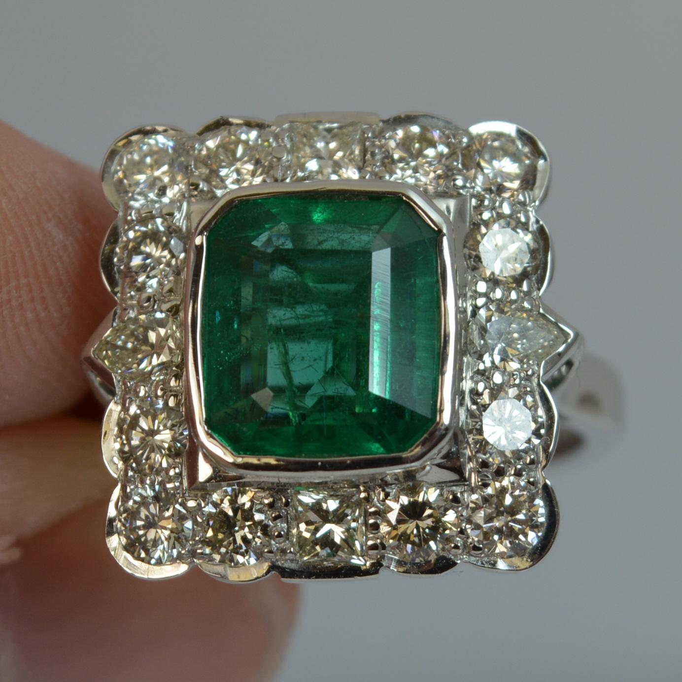Huge Emerald and Diamond 14 Carat White Gold Cluster Cocktail Ring 1