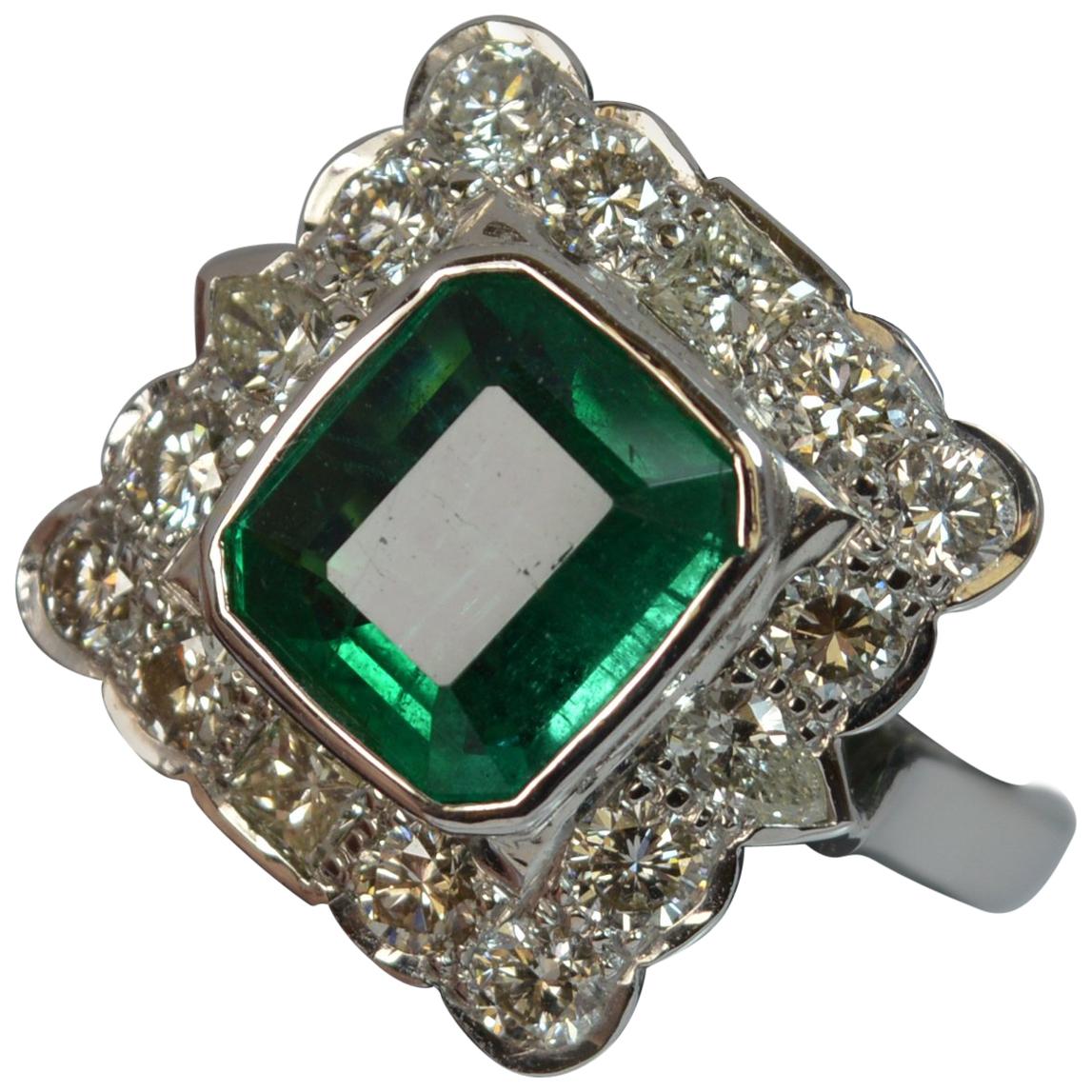 Huge Emerald and Diamond 14 Carat White Gold Cluster Cocktail Ring