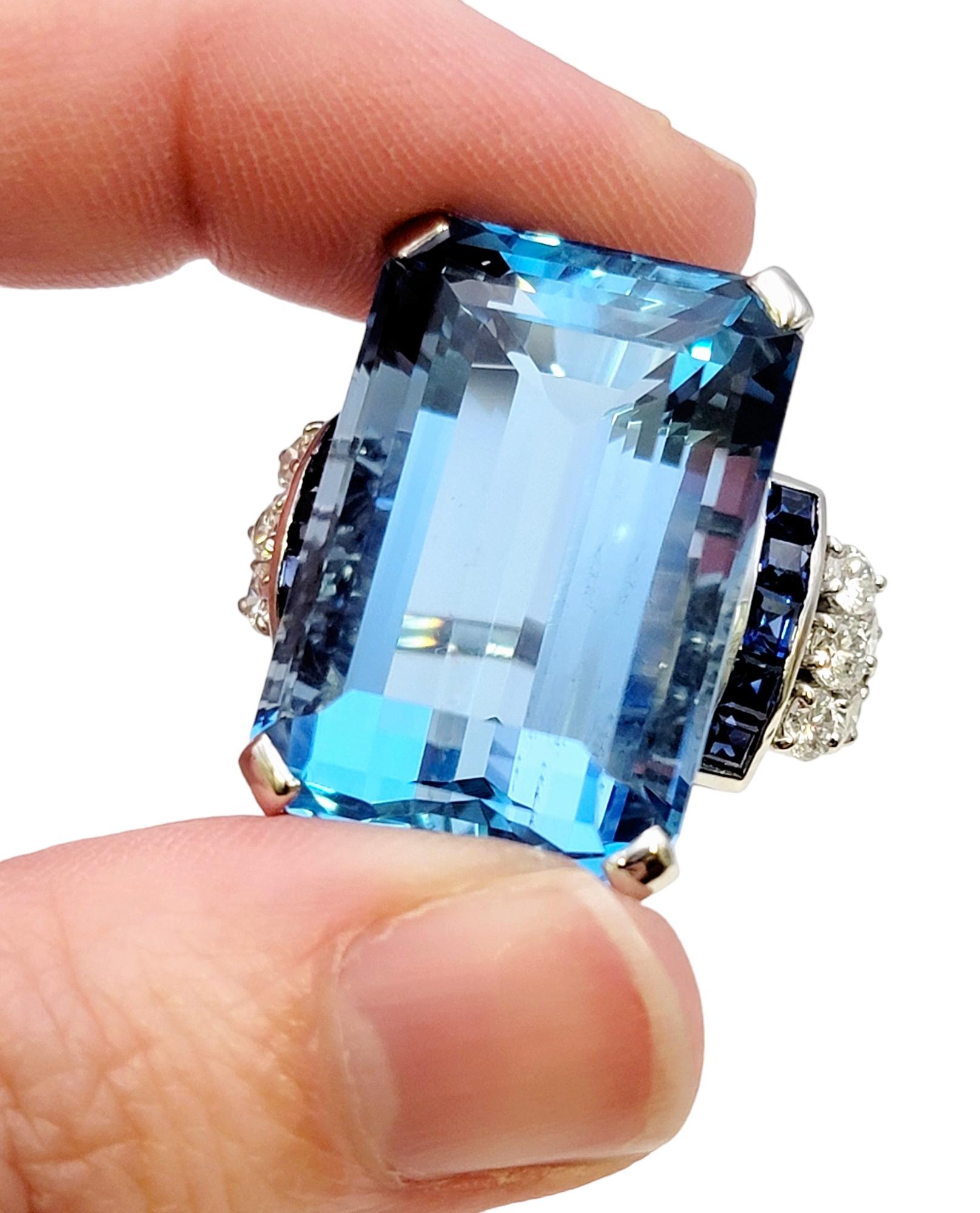 Huge Emerald Cut Aquamarine Ring with Sapphire and Diamond Accents in Platinum For Sale 3
