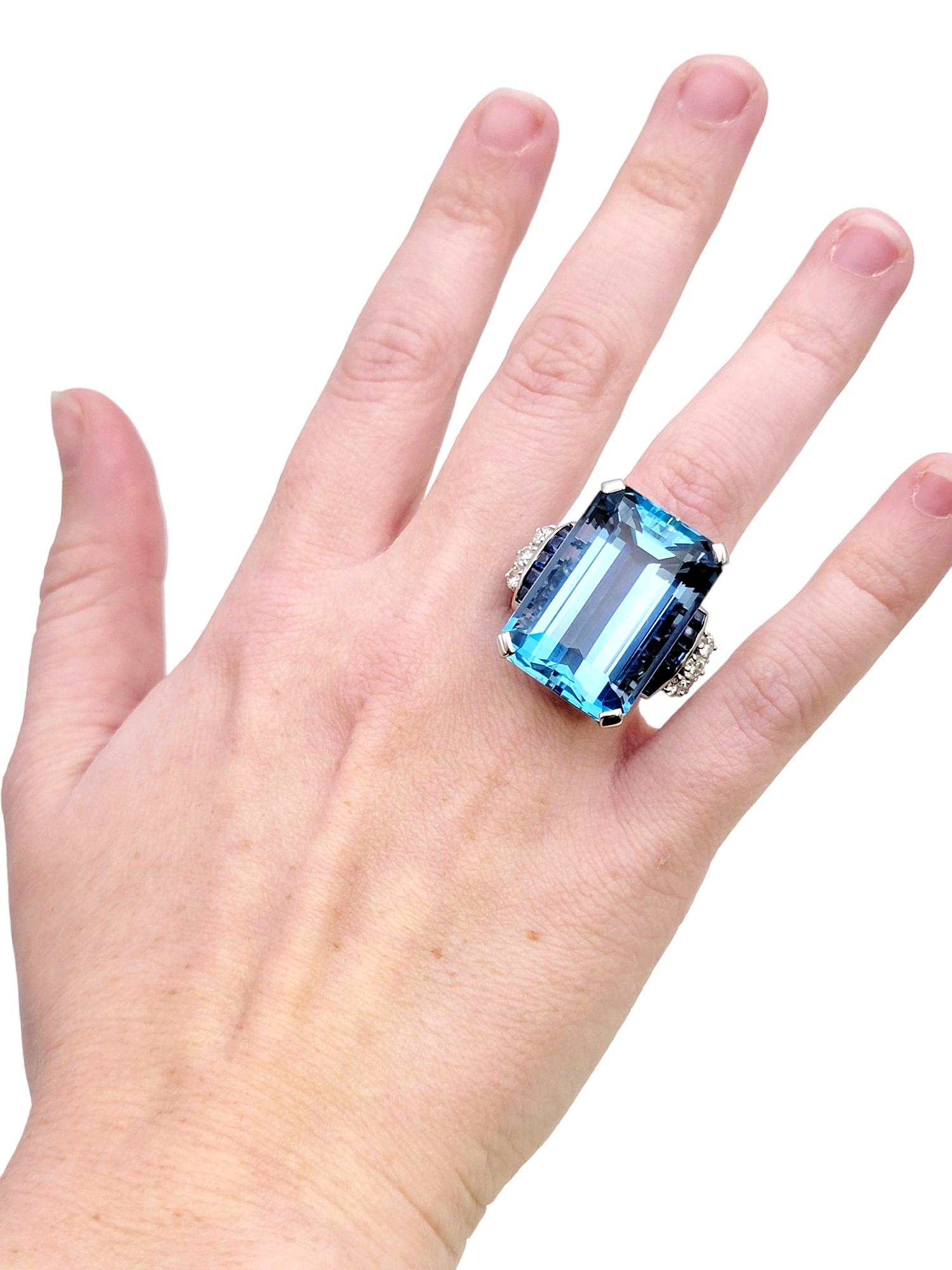 Huge Emerald Cut Aquamarine Ring with Sapphire and Diamond Accents in Platinum For Sale 4