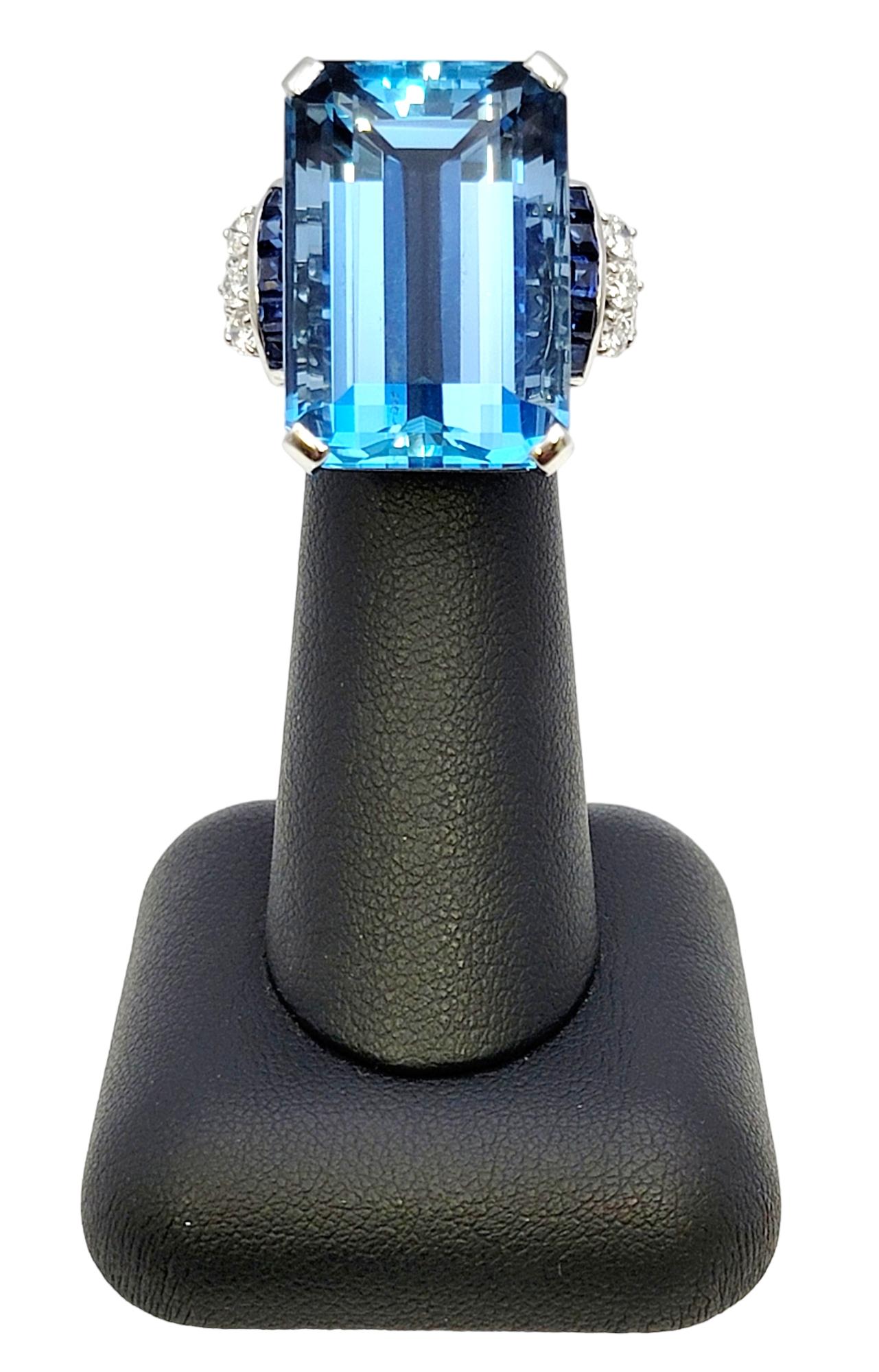 Huge Emerald Cut Aquamarine Ring with Sapphire and Diamond Accents in Platinum For Sale 5