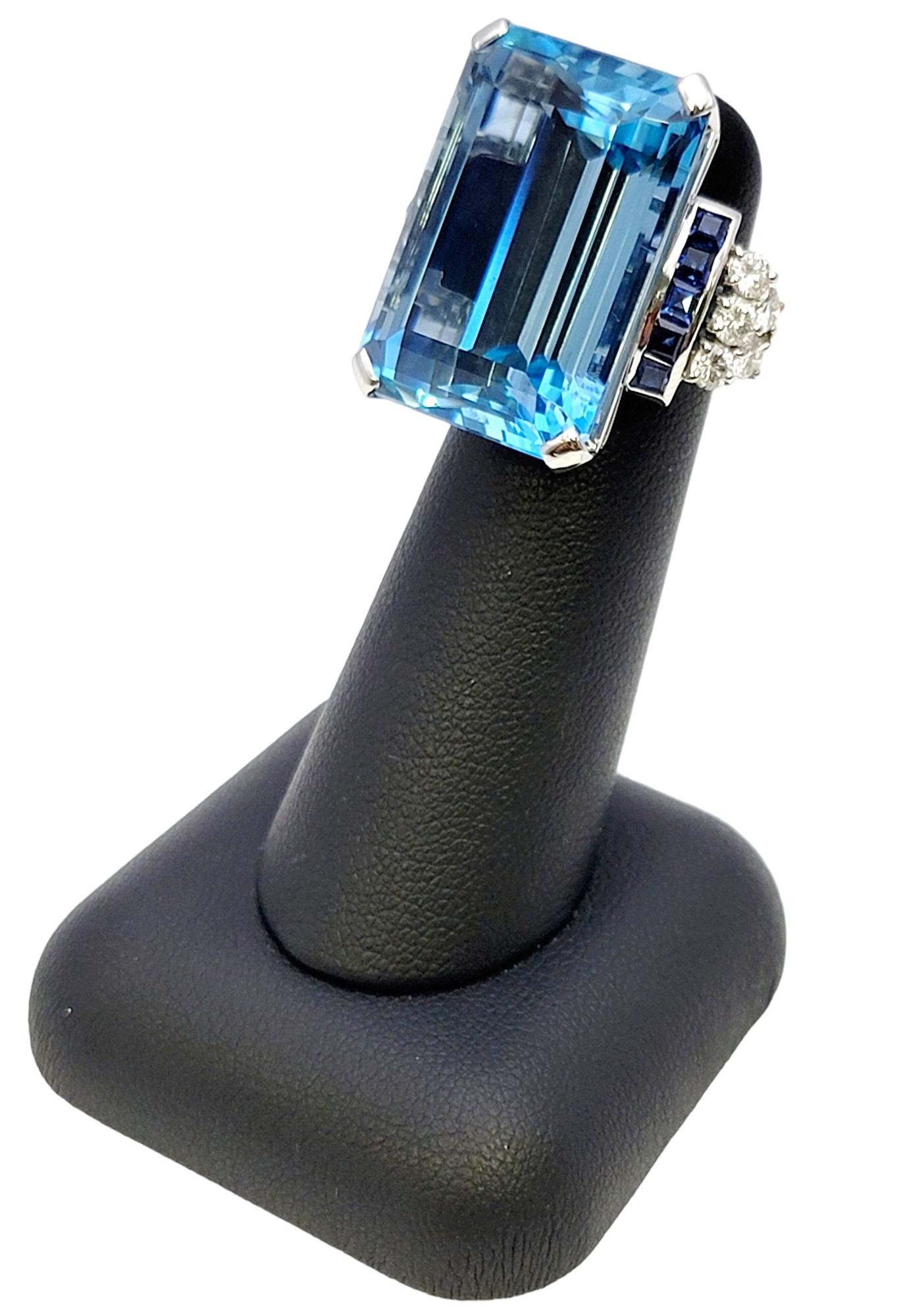 Huge Emerald Cut Aquamarine Ring with Sapphire and Diamond Accents in Platinum For Sale 6