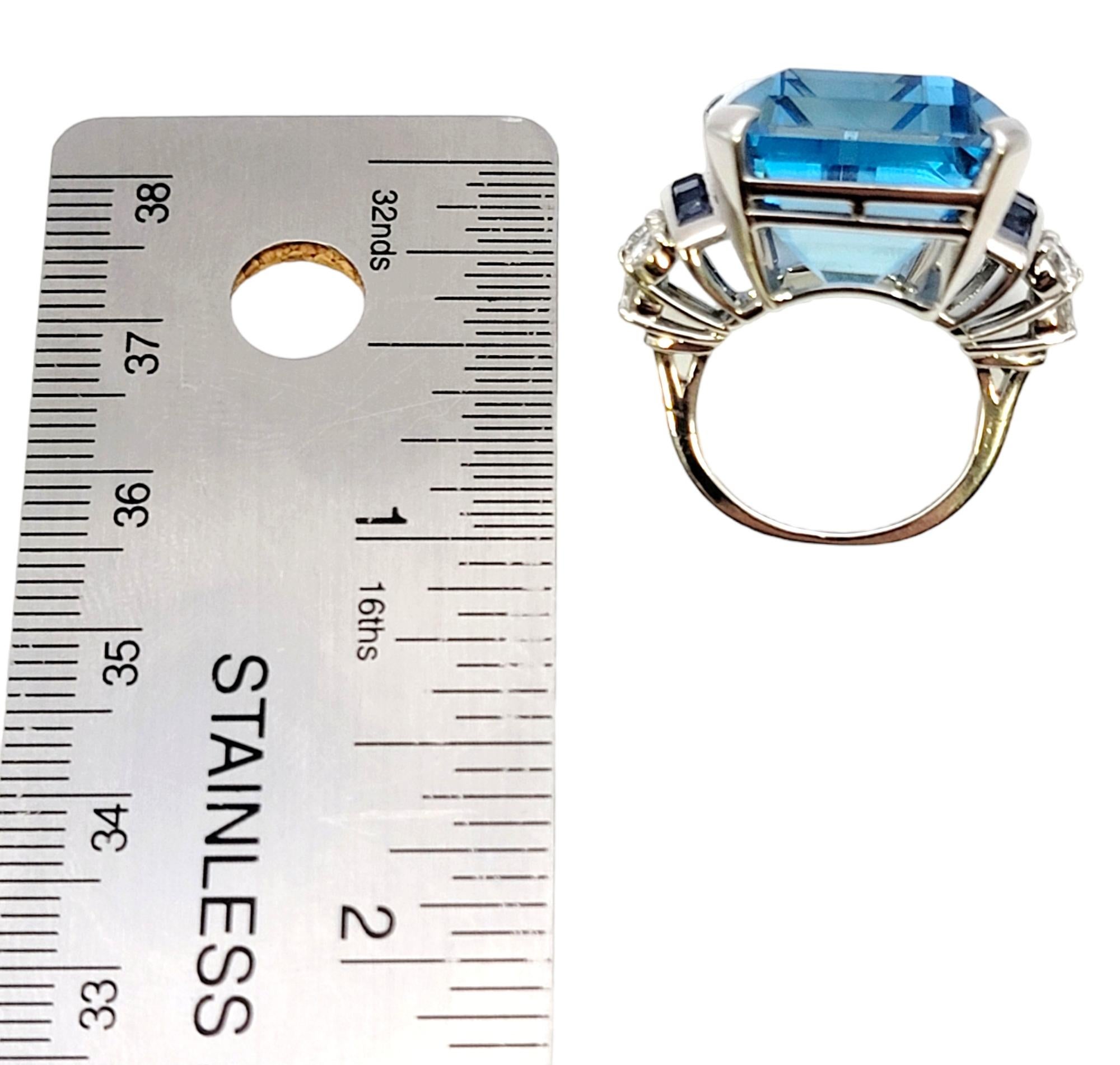 Huge Emerald Cut Aquamarine Ring with Sapphire and Diamond Accents in Platinum For Sale 7