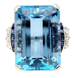 Huge Emerald Cut Aquamarine Ring with Sapphire and Diamond Accents in Platinum