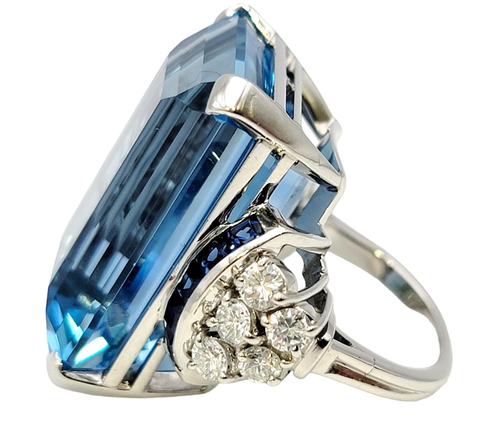 Art Deco Huge Emerald Cut Aquamarine Ring with Sapphire and Diamond Accents in Platinum For Sale