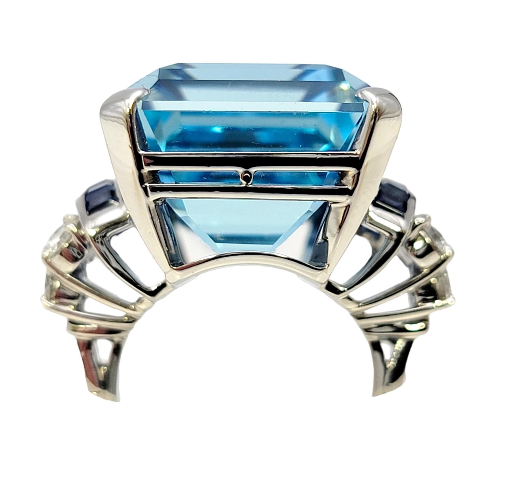 Huge Emerald Cut Aquamarine Ring with Sapphire and Diamond Accents in Platinum In Good Condition For Sale In Scottsdale, AZ
