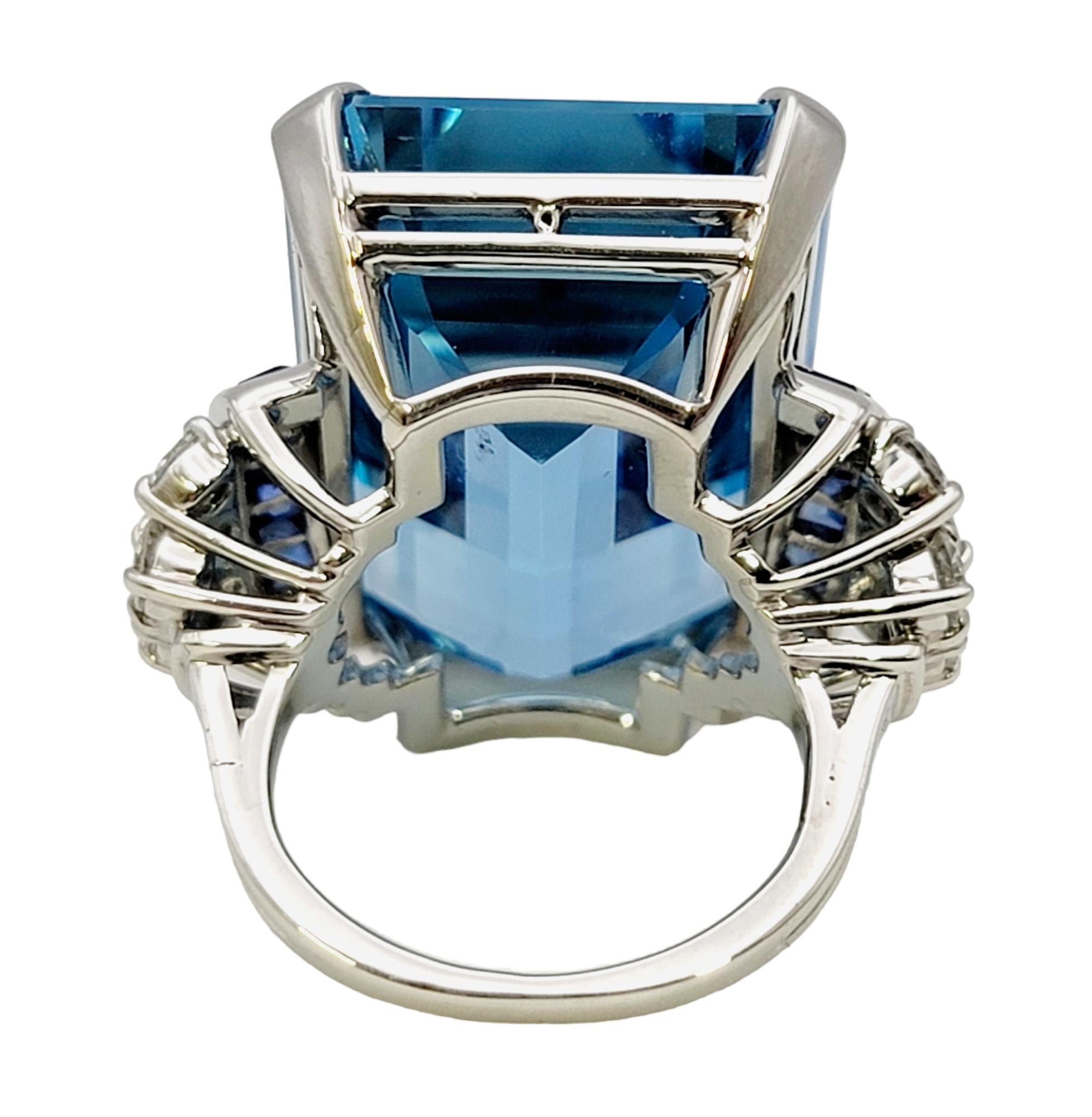 Huge Emerald Cut Aquamarine Ring with Sapphire and Diamond Accents in Platinum For Sale 1