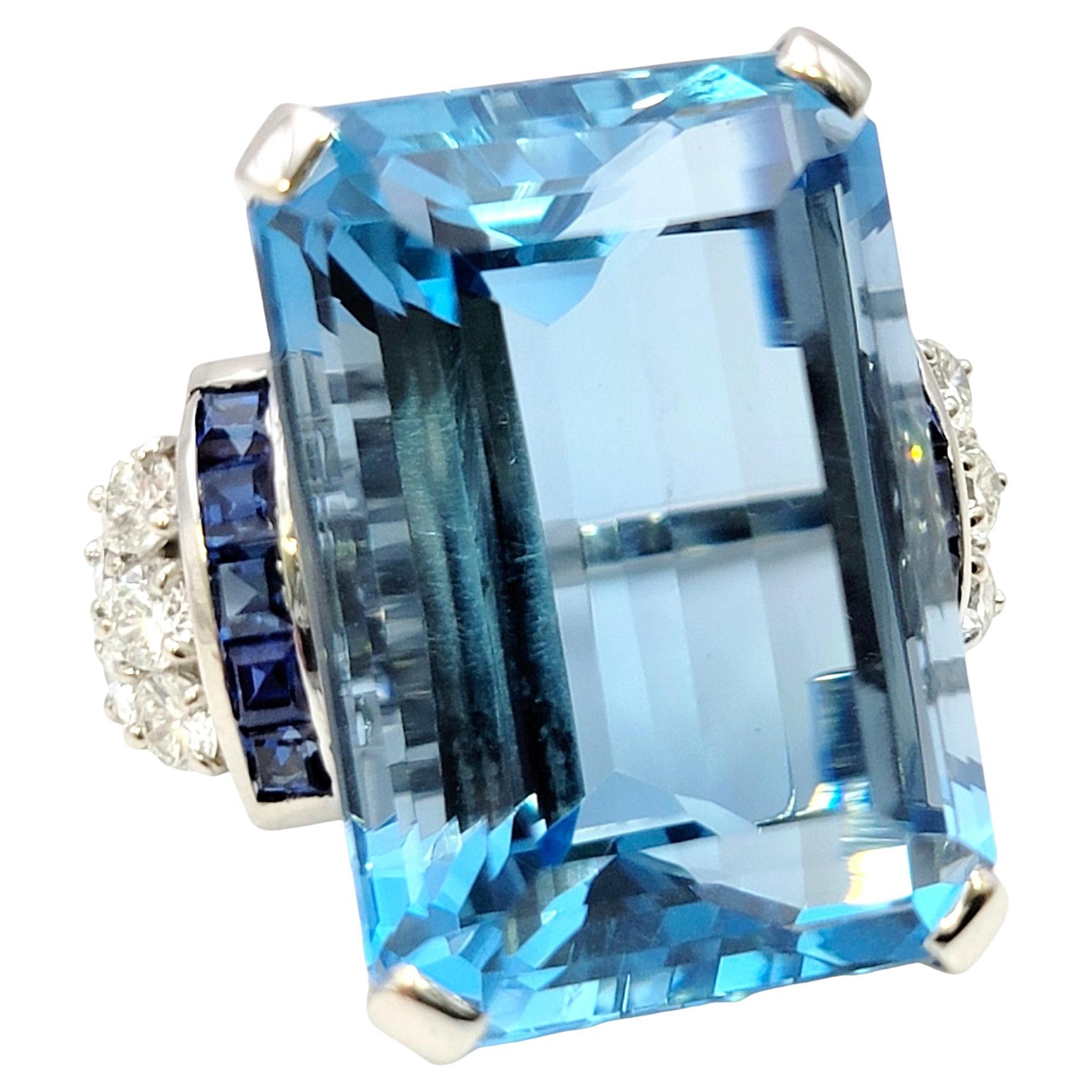 Huge Emerald Cut Aquamarine Ring with Sapphire and Diamond Accents in ...