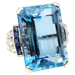 Huge Emerald Cut Aquamarine Ring with Sapphire and Diamond Accents in Platinum