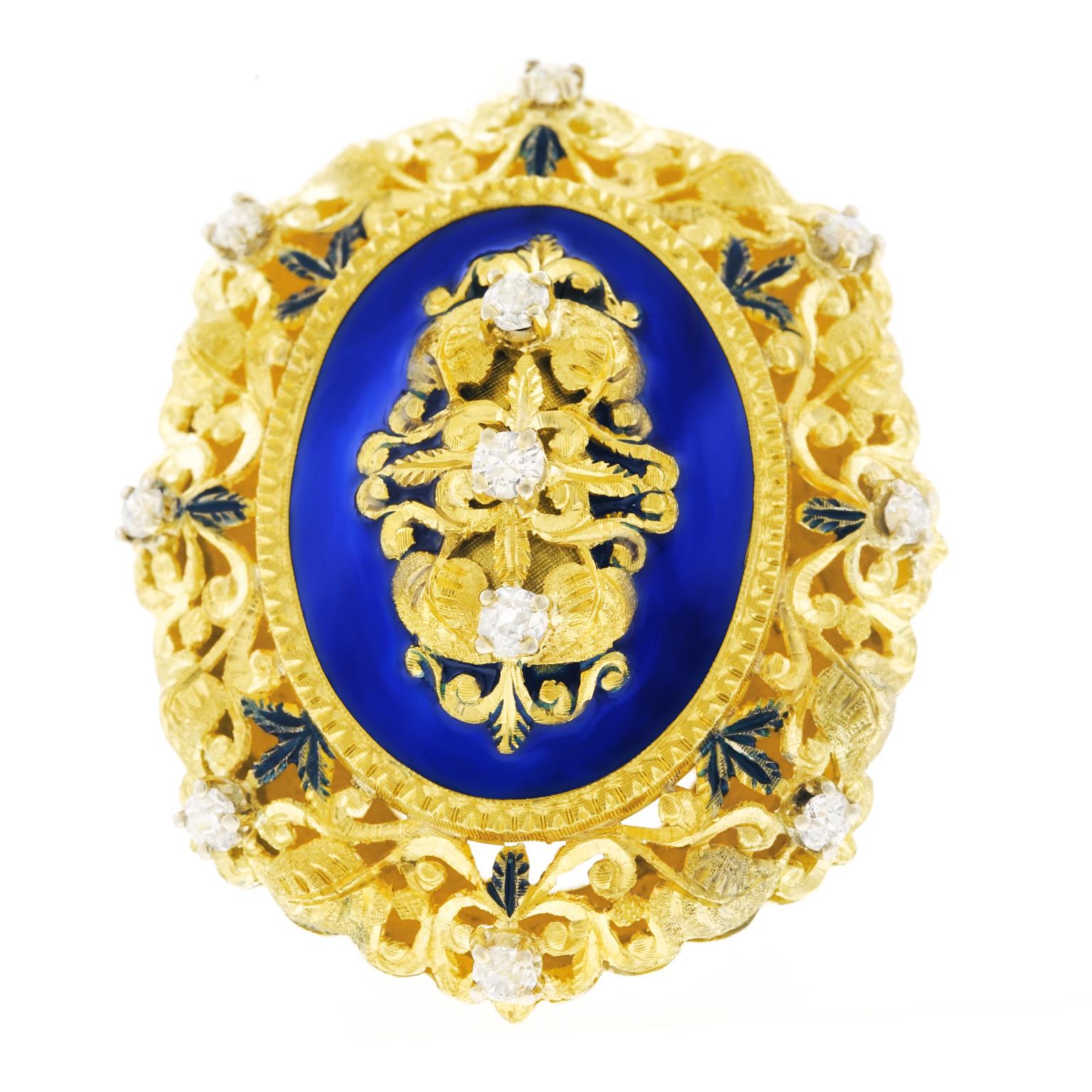 Huge Enamel and Diamond-Set Baronial Chic Ring In Excellent Condition In Litchfield, CT