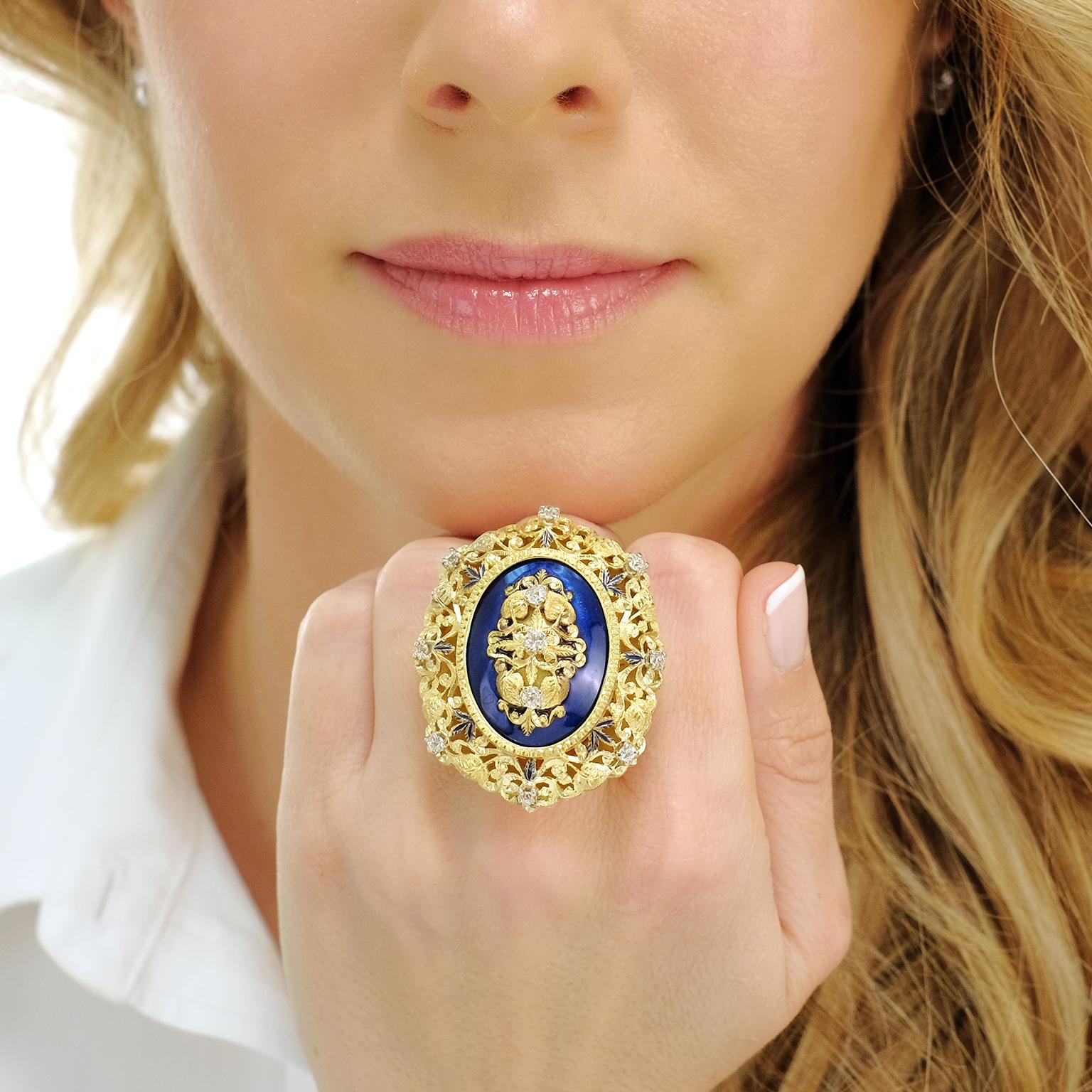 Women's or Men's Huge Enamel and Diamond-Set Baronial Chic Ring