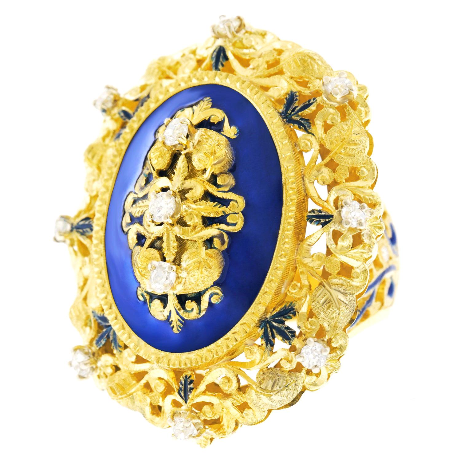 Huge Enamel and Diamond-Set Baronial Chic Ring
