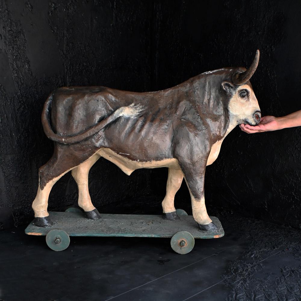 Huge English Early 20th Century Papier Mache Bull Figure In Fair Condition For Sale In London, GB