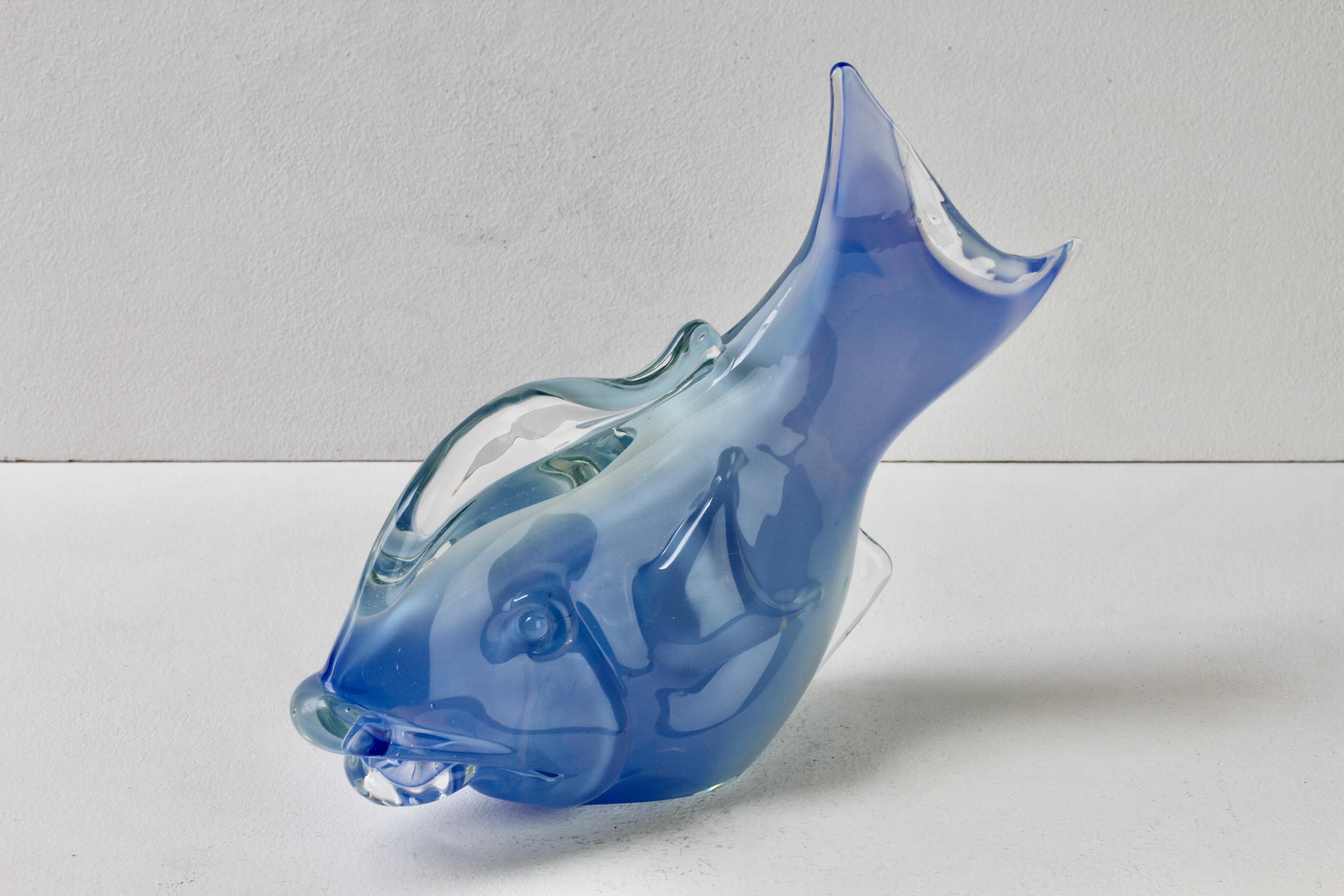 Huge Ermanno Nason Vintage Mid-Century Italian Blue Murano Glass Fish Sculpture For Sale 7