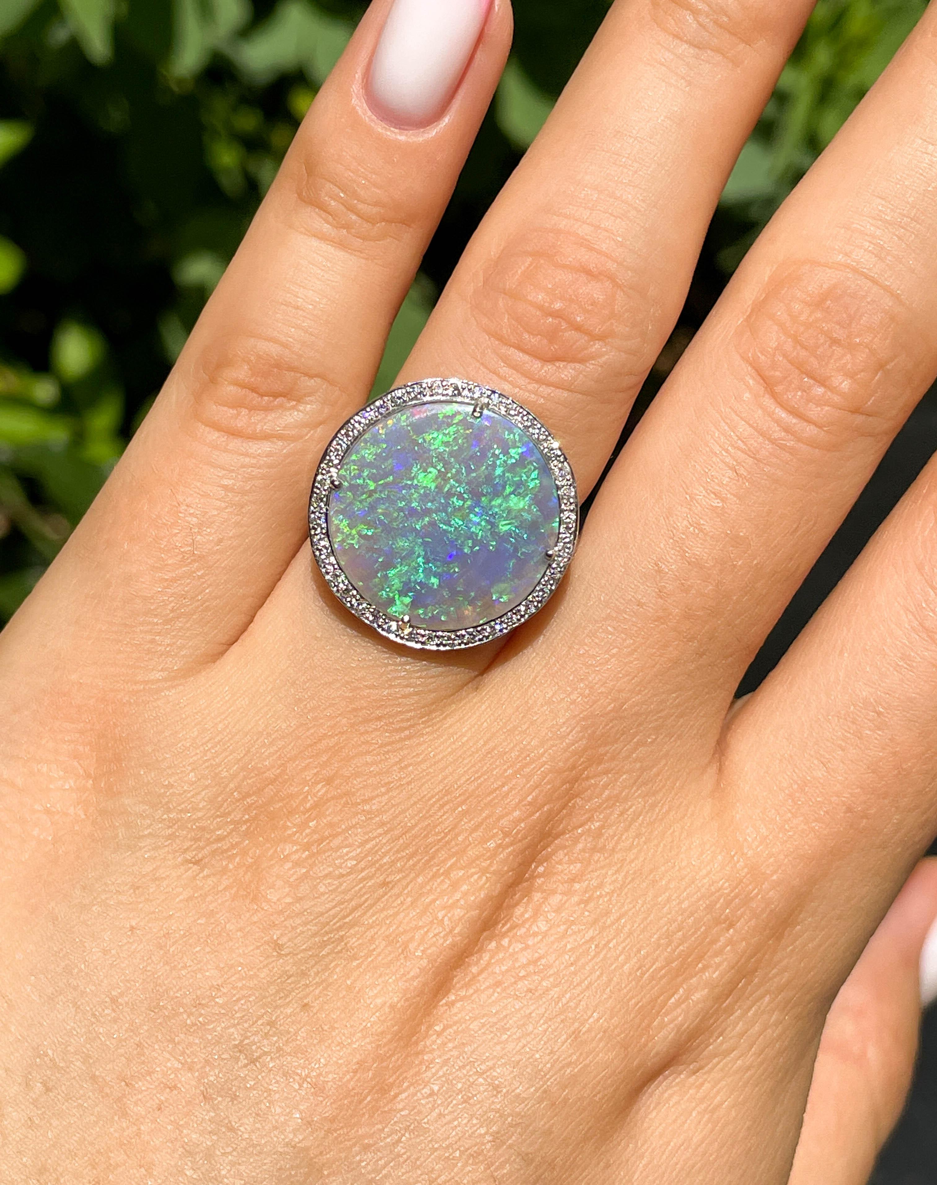 Huge Estate Vintage Australian Crystal Opal Diamond Platinum Ring, Signed 8