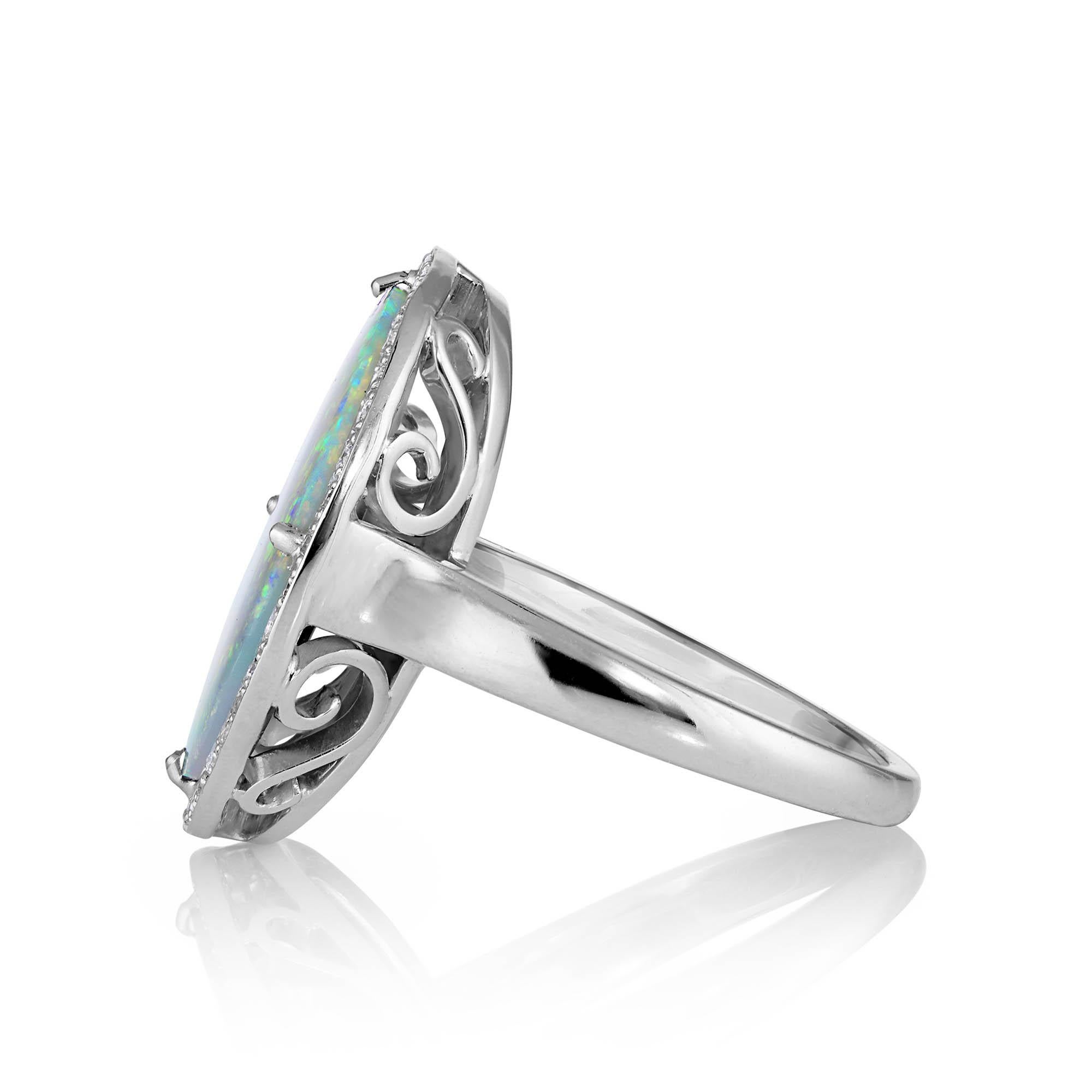 Huge Estate Vintage Australian Crystal Opal Diamond Platinum Ring, Signed In Good Condition In New York, NY