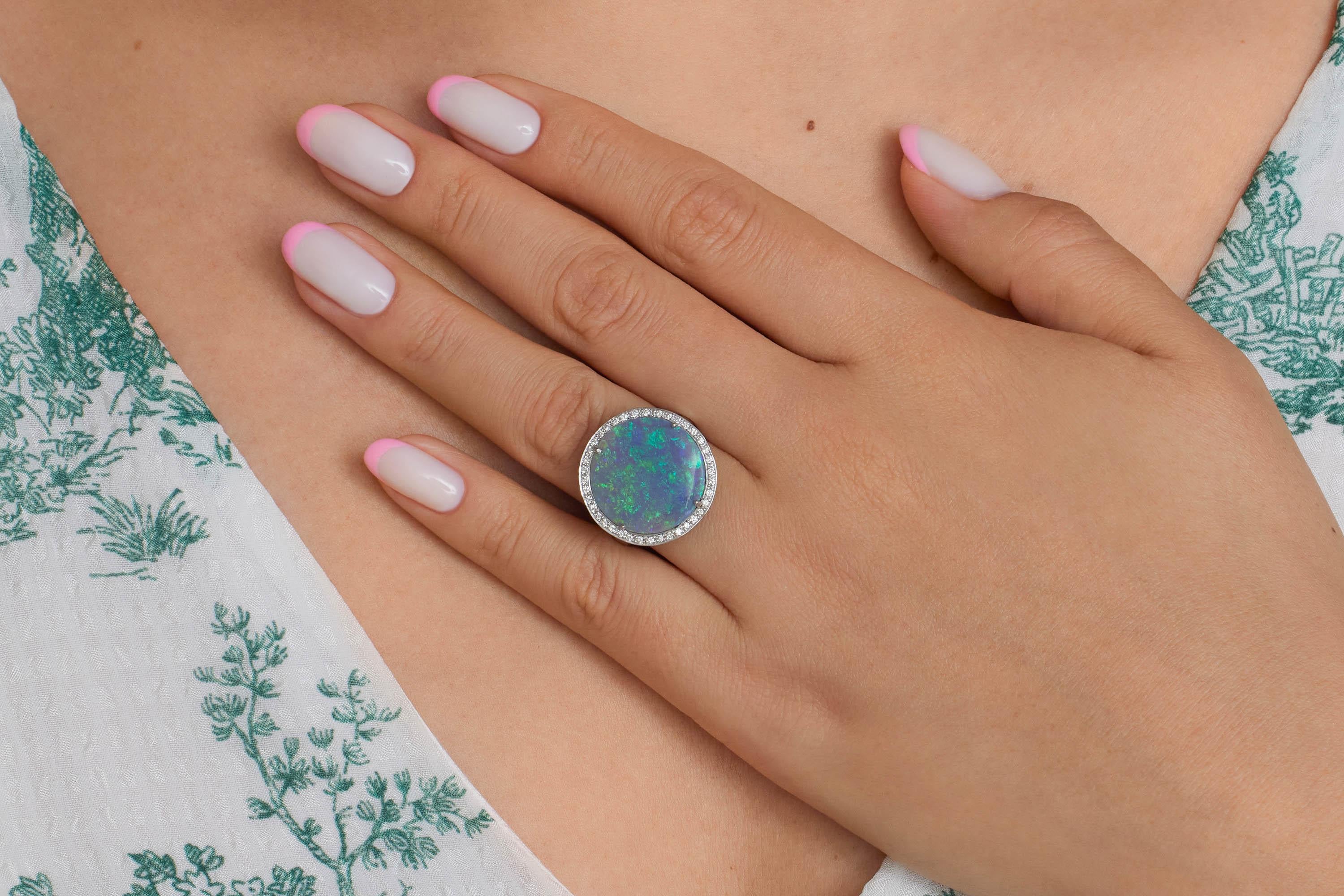 Huge Estate Vintage Australian Crystal Opal Diamond Platinum Ring, Signed For Sale 1