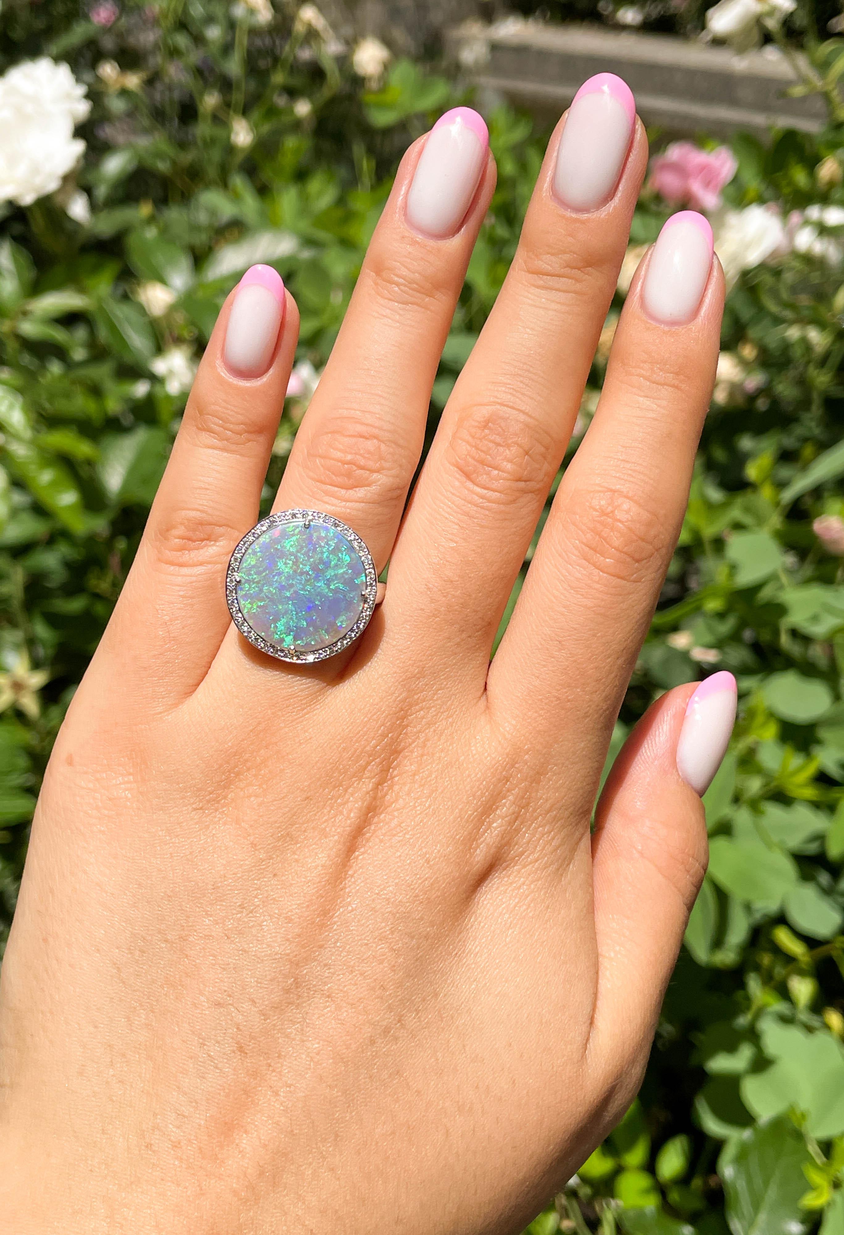 Huge Estate Vintage Australian Crystal Opal Diamond Platinum Ring, Signed 5